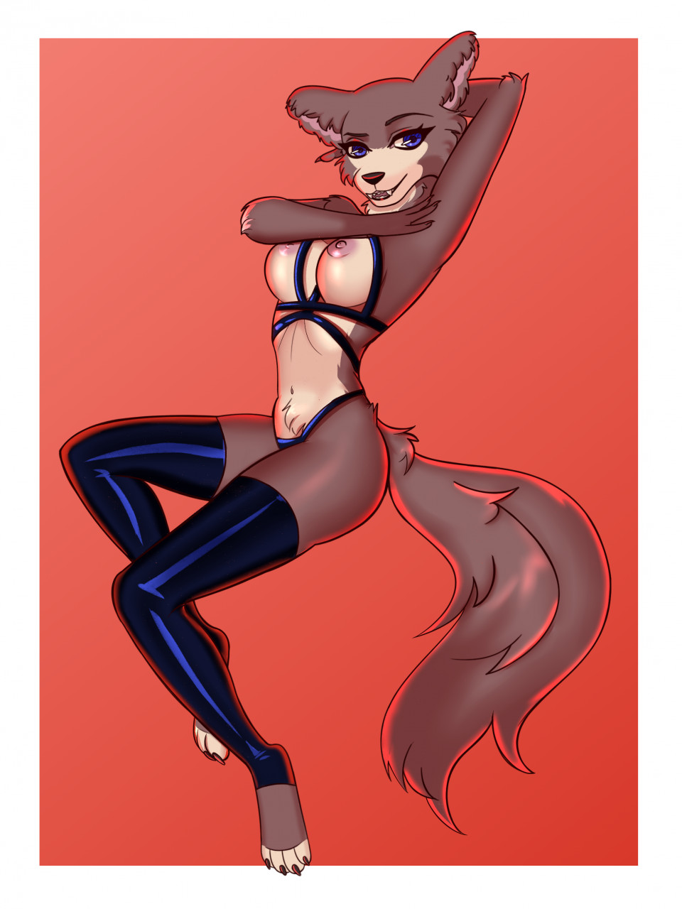 3:4 alonsy anthro beastars breasts canid canine canis female harness hi_res juno_(beastars) latex_harness latex_stockings mammal nipples red_background rubber simple_background solo wolf