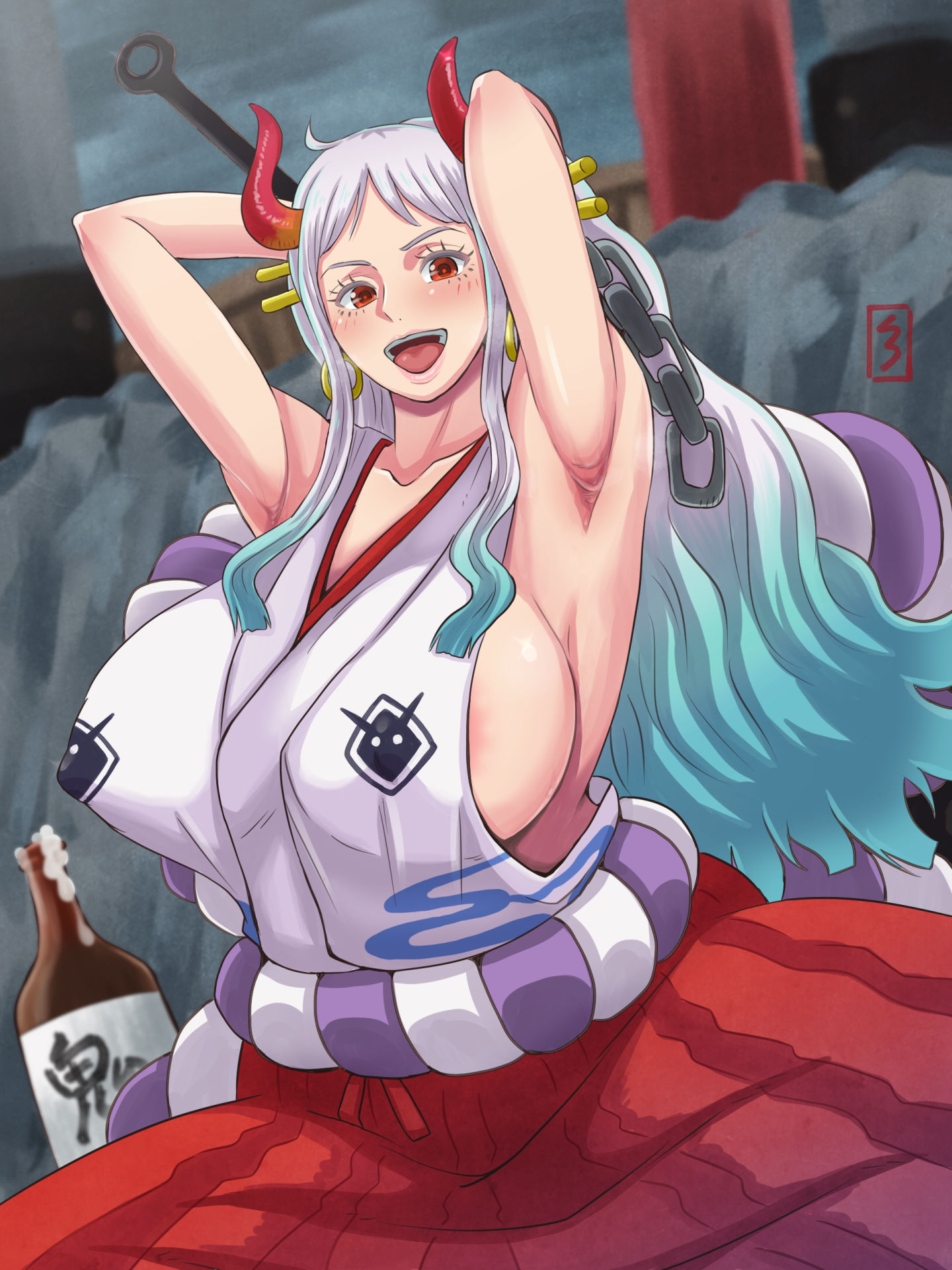 1girls, areolae, armpits, arms up, big breasts, blue hair, breasts, breasts bigger than head, brown eyes, clothed, clothing, curvy, ear piercing, earrings, erect nipples, erect nipples under clothes, female, female focus, female only, gradient hair, hakama, hi res, high resolution, highres, hoop earrings, horned humanoid, horns, huge breasts, humanoid, light skin, light-skinned female, long hair, mikanberry, multicolored hair, nipples, one piece, oni, oni horns, revealing clothes, shackles, sideboob, simple background, solo, two-tone hair, voluptuous, white hair, white-haired female, wide hips, yamato (one piece)