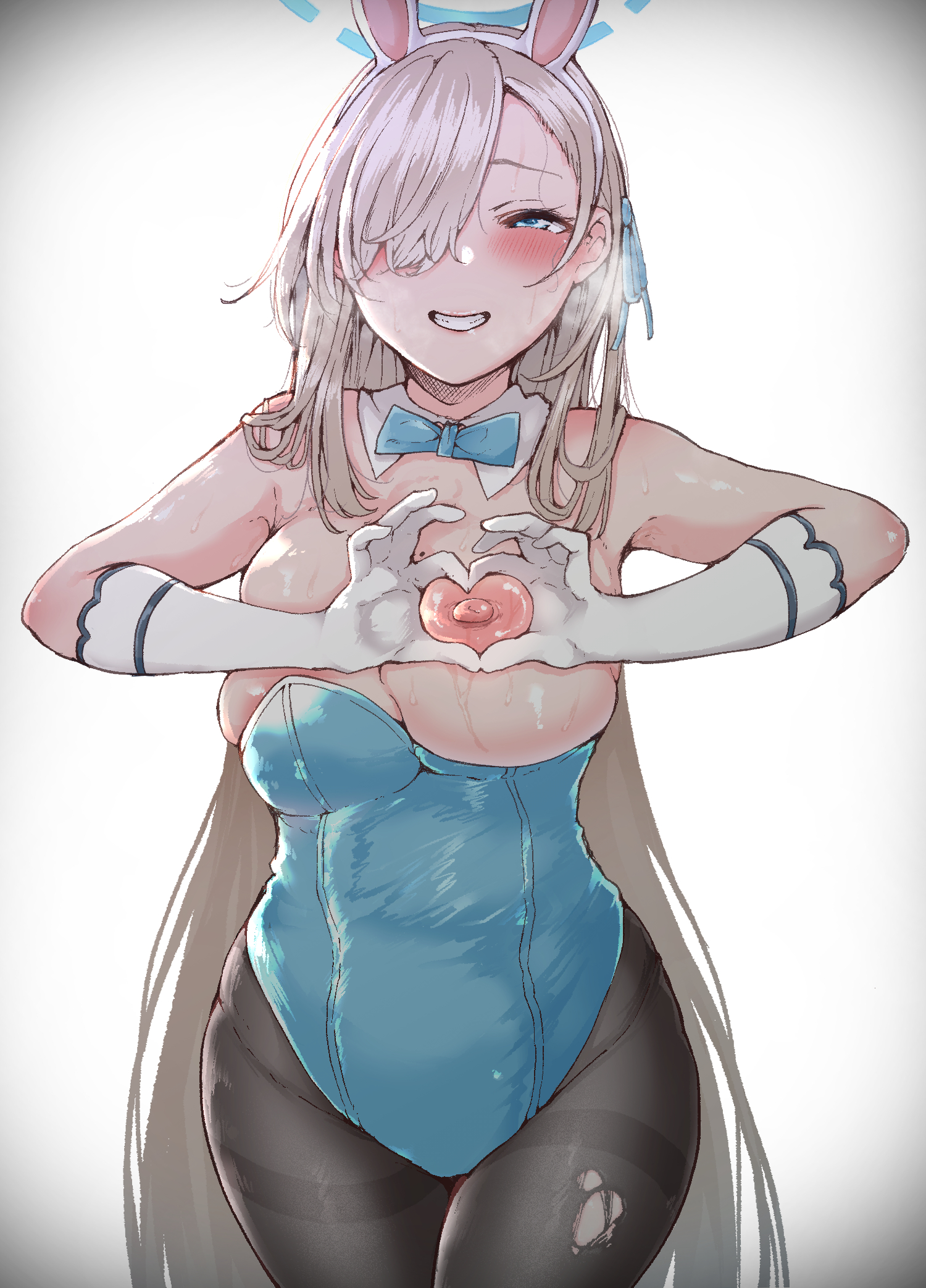 1girls, 2021, alternate version available, animal ears, areola slip, areolae, armpits, asuna (blue archive), asuna (bunny) (blue archive), black legwear, blonde hair, blue archive, blue eyes, bow, bowtie, breasts, detached collar, fake animal ears, female, female focus, female only, gloves, grin, hair over one eye, heart, heart hands, heart-shaped boob challenge, highres, large breasts, long hair, looking at viewer, millennium science school student, mole, mole on breast, nipples, one breast out, pantyhose, playboy bunny, rabbit ears, smile, solo, solo female, sweat, thighband pantyhose, torn clothes, torn legwear, uricotake, very long hair, white gloves