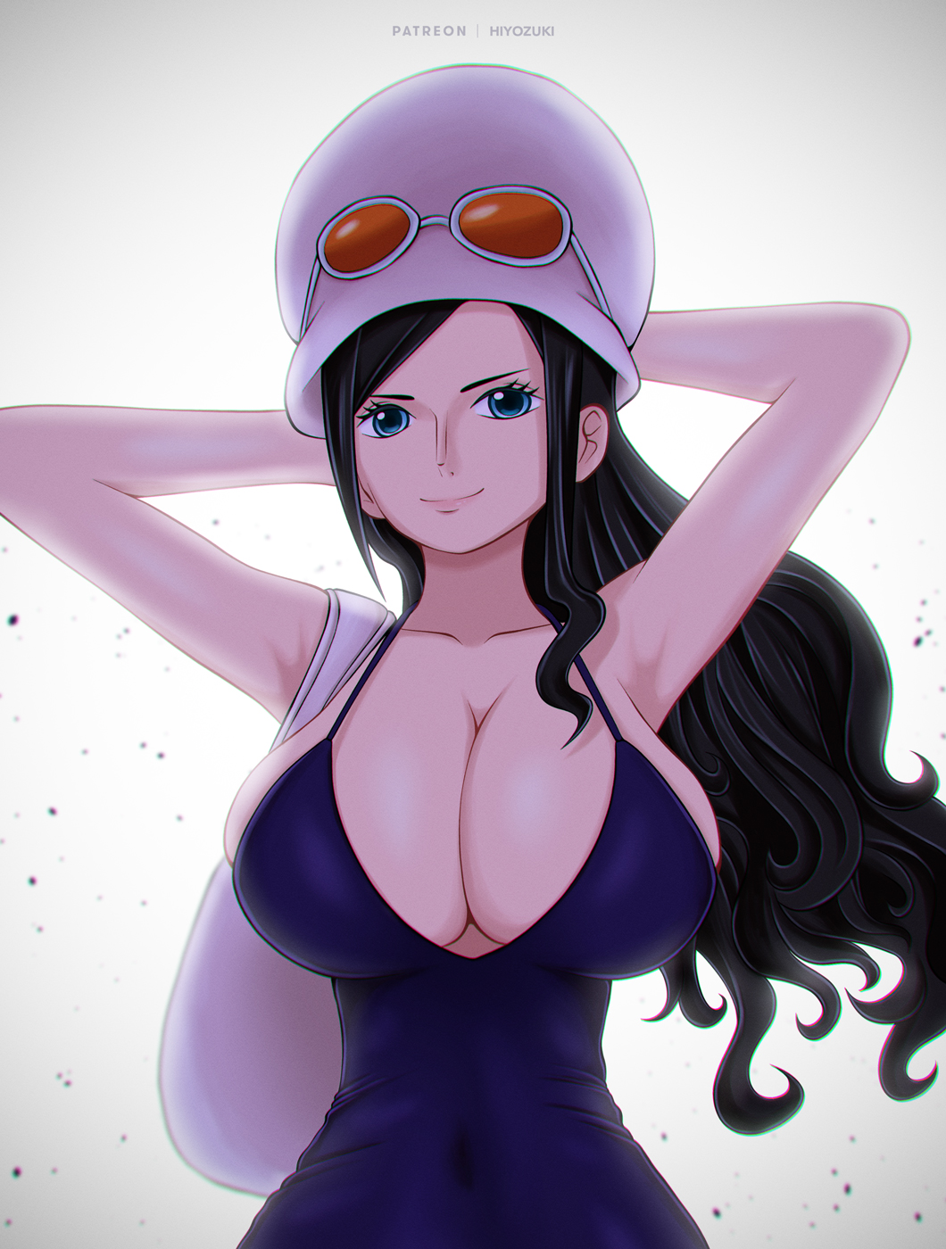 1girls, arms behind head, bare arms, bare shoulders, big breasts, black hair, black-haired female, blue eyes, breasts, clothed, clothing, color, dress, dressrosa, female, female focus, female only, hat, hi res, hiyozuki, large breasts, light skin, light-skinned female, long hair, looking at viewer, nico robin, nico robin (dressrosa), one piece, post-timeskip, shounen jump, solo, solo female, sunglasses, sunglasses on head, tagme
