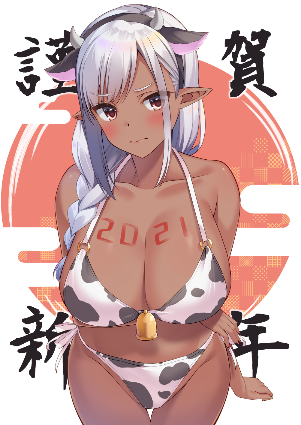 1girls 2021 animal_ears animal_print bangs bikini bikini_bottom bikini_top blush body_writing braid breast_hold breasts brown_eyes chinese_zodiac cleavage cow_ears cow_girl cow_horns cow_print cow_print_bikini dark-skinned_female dark_elf dark_skin elf fake_animal_ears fake_horns female female_focus female_only highres horns large_breasts long_hair looking_at_viewer original pointy_ears side-tie_bikini single_braid solo solo_female super_nagoyaka swimsuit white_hair year_of_the_ox