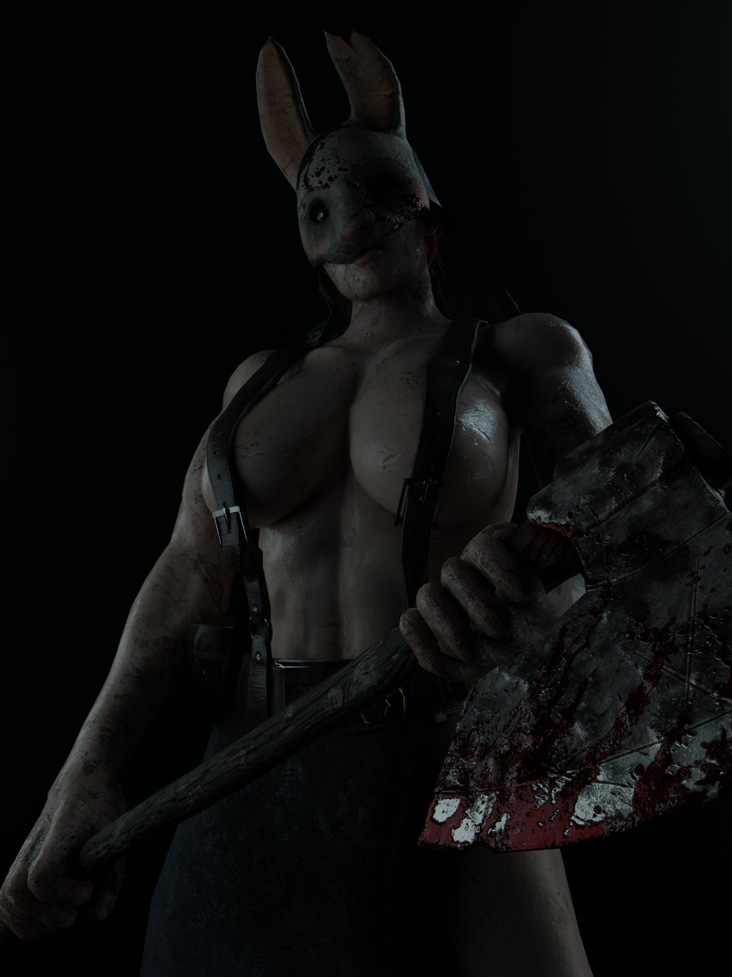 1girls, 3d, athletic, athletic female, axe, big breasts, black background, blood on face, blood stain, breasts, dbd, dead by daylight, female, huntress (dead by daylight), looking at viewer, looking down, masked, masked female, muscular, muscular female, overalls only, shirtless, the huntress (dead by daylight), vensaku, weapon