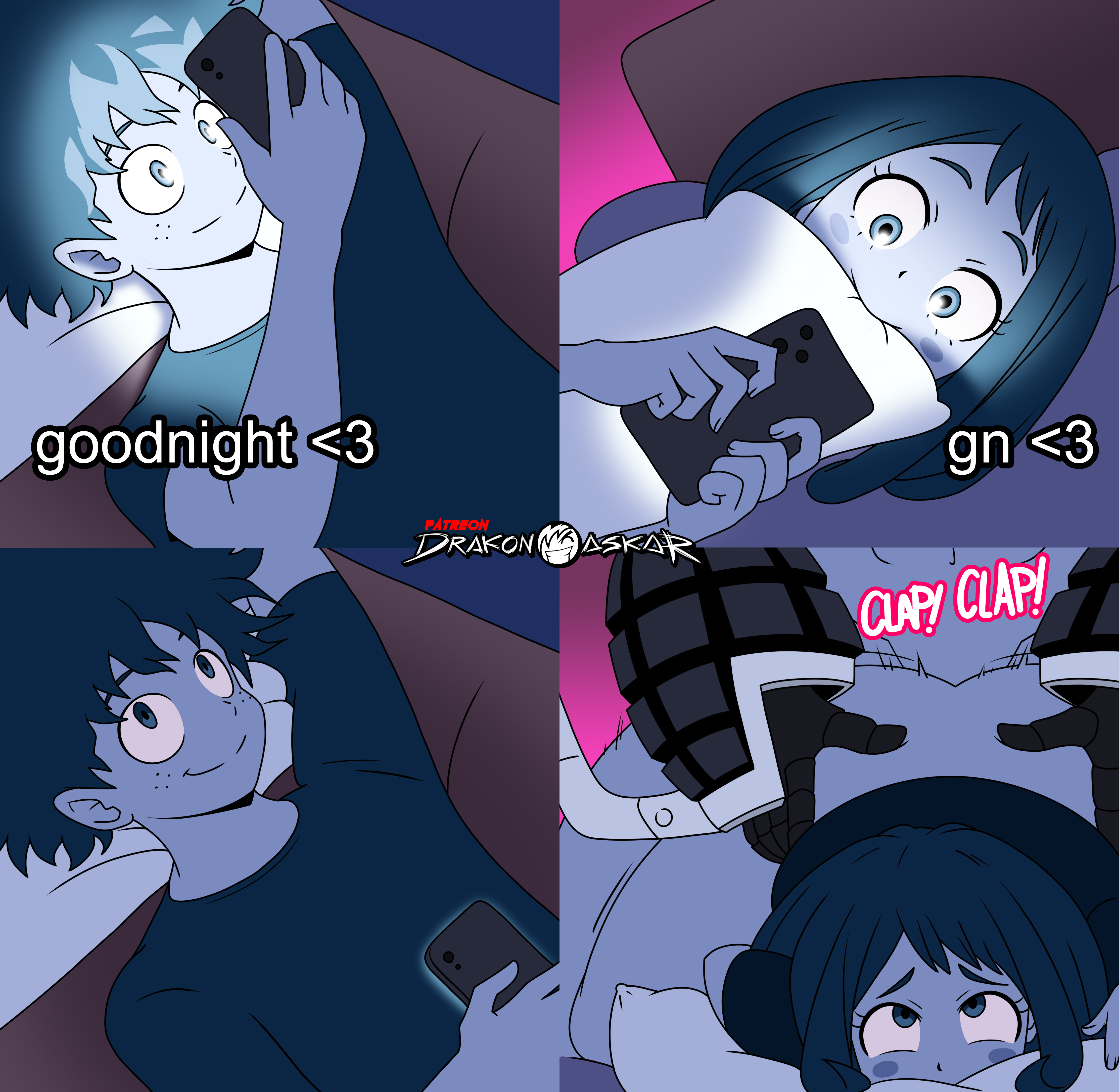 1girls, 2boys, bed, cheating, cucked by bully, doggy style, drakonaskar, female, grabbing, izuku midoriya, katsuki bakugou, male, meme, my hero academia, netorare, night, ntr, ochako uraraka, one of those nights, patreon, rolling eyes, sex, shounen jump, smartphone, text