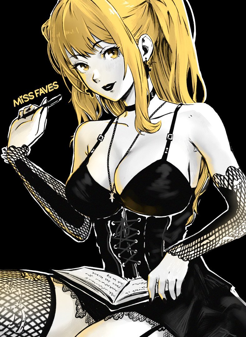 artist_name bare_shoulders black_background black_dress black_lips black_nails black_theme blonde_hair book breasts cleavage collar death_note dress female fishnet_thighhighs fishnets frilled_dress frills jewelry looking_at_viewer misa_amane missfaves necklace smile solo strapless strapless_dress thighhighs yellow_eyes