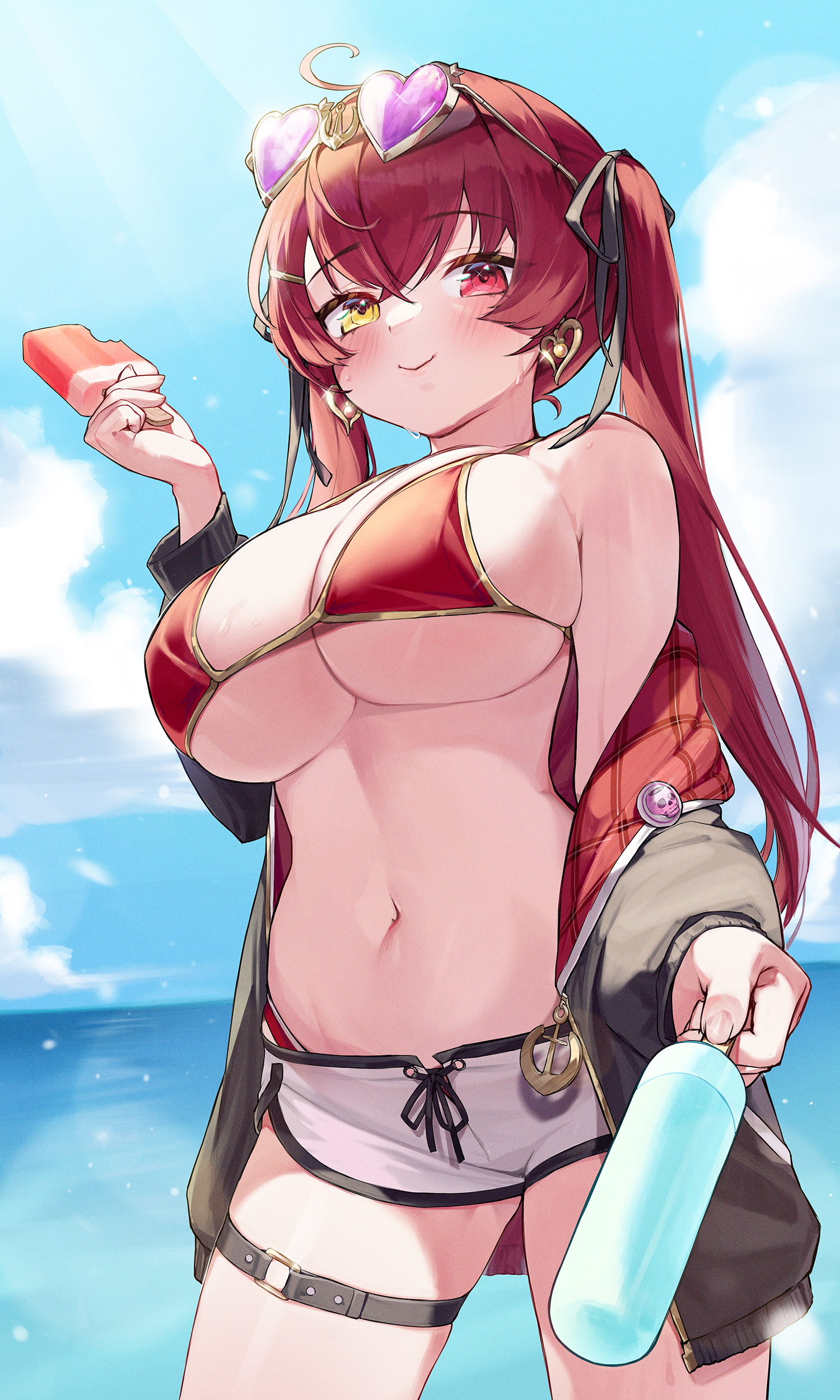 1girls, 2021, absurdres, ahoge, bangs, black jacket, black ribbon, blue sky, blush, bottle, breasts, closed mouth, cloud, cowboy shot, day, dolphin shorts, earrings, eyebrows visible through hair, eyewear on head, female, female focus, female only, food, hair between eyes, hair ribbon, heart, heart earrings, heart-shaped eyewear, heterochromia, highres, holding, holding bottle, holding food, hololive, hololive fantasy, hololive japan, houshou marine, jacket, jewelry, kokko (kokko3045), large breasts, long hair, long sleeves, looking at viewer, navel, off shoulder, outdoors, popsicle, red eyes, red hair, ribbon, shorts, sky, smile, solo, solo female, standing, stomach, string bikini, sunglasses, thigh strap, twintails, underboob, virtual youtuber, white shorts, yellow eyes