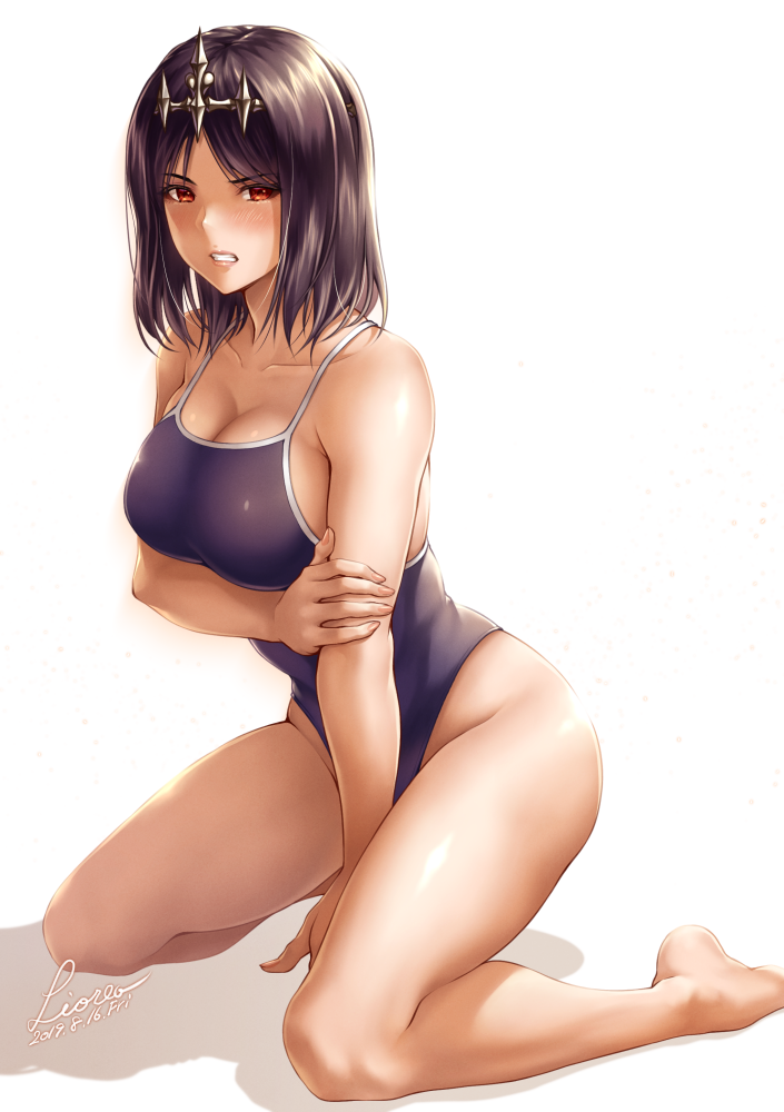 arm_under_breasts big_breasts black_hair blush cleavage clenched_teeth crown dark_hair embarrassed female female_only goddess greek_mythology hera_(greek_mythology) highleg highleg_swimsuit kneeling lioreo looking_at_viewer medium_hair one-piece_swimsuit original red_eyes solo swimsuit wide_hips