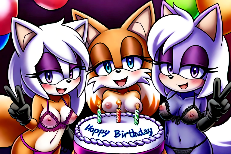 3girls ai_generated balloon birthday_cake birthday_party blue_eyes blue_fur bra brown_fur female female_only fox_ears fox_girl fox_tail gloves happy_birthday jfxjxf lingerie looking_at_viewer mobian_(species) nipples nipples_visible_through_clothing original_character panties peace_sign purple_eyes reupload short_hair sonic_(series) sonic_the_hedgehog_(series) topless white_hair