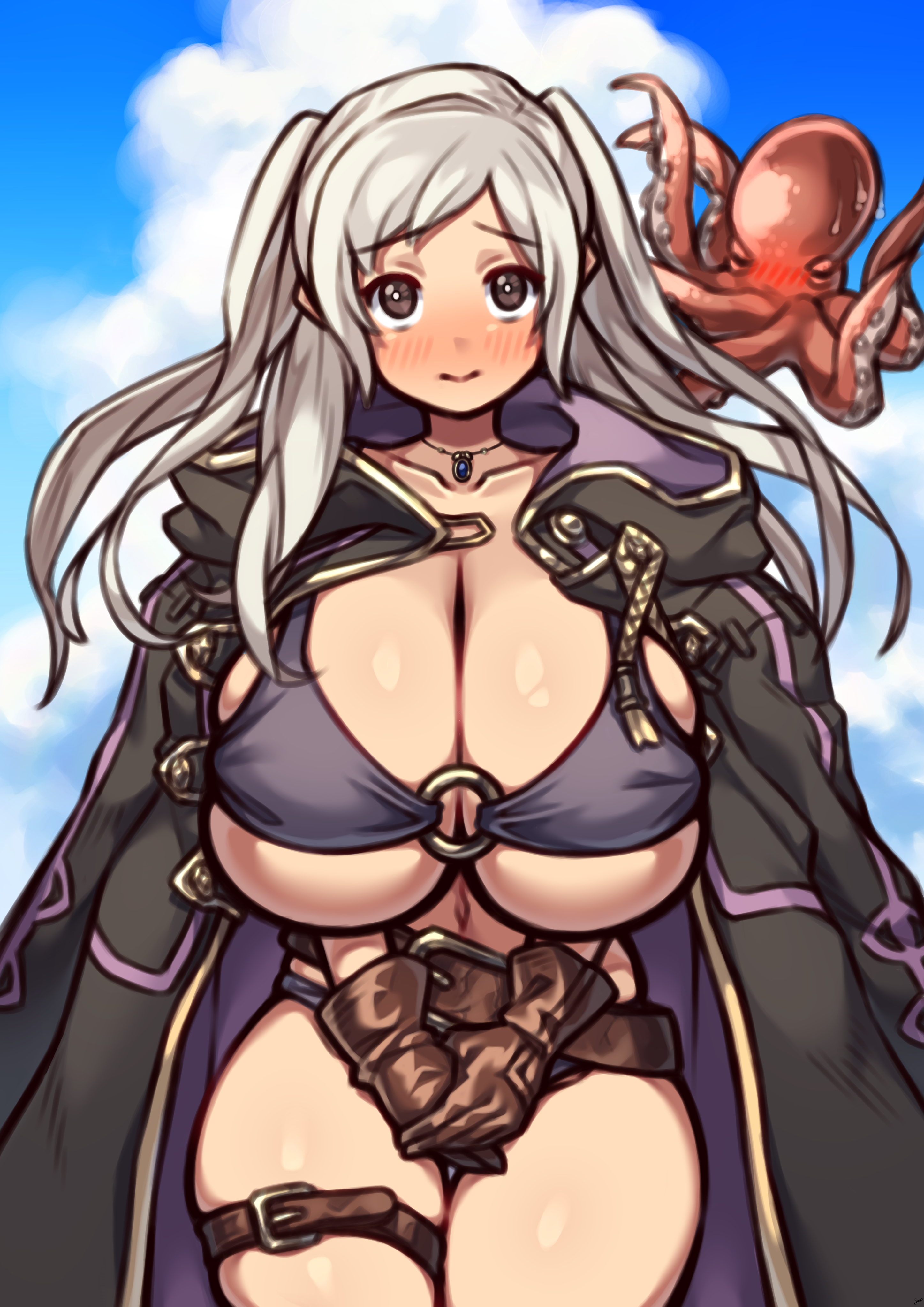 1girls, absurdres, alternate costume, bikini, blush stickers, breasts, cleavage, cloud, cloudy sky, coat, coffeelove68, female, female protagonist, fire emblem, fire emblem awakening, fire emblem heroes, gloves, highres, huge breasts, jewelry, necklace, nintendo, octopus, official alternate costume, purple bikini, purple swimsuit, robin (fire emblem), robin (fire emblem) (female), sideboob, silver hair, sky, solo, swimsuit, underboob