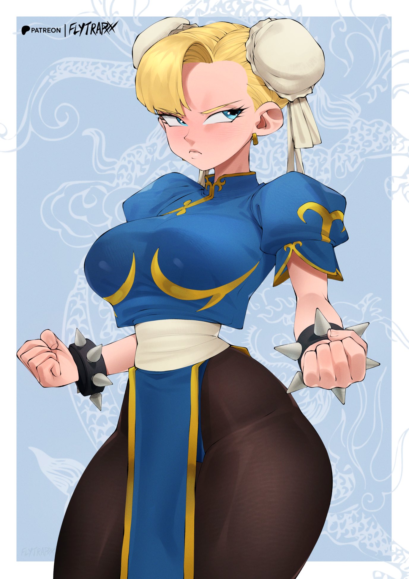 1girls, android 18, big breasts, blonde hair, blue eyes, blush, breasts, chun-li (cosplay), clothed, clothing, color, cosplay, dragon ball, female, female focus, female only, flytrapxx, fully clothed, hi res, large breasts, light skin, light-skinned female, looking at another, short hair, solo, solo female, street fighter, tagme, thick thighs