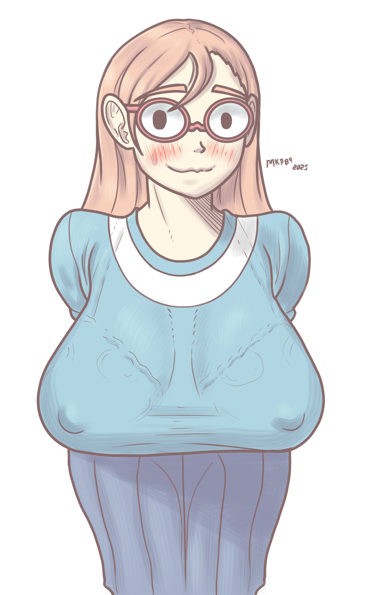 big breasts, blush, blushing at viewer, bra, bra visible through clothes, bralines, breasts, breasts bigger than head, dress, female, ginger, ginger hair, glasses, huge breasts, kindergarten (game), kindergarten 3, large breasts, mkp89 draw, ms. lovelett, nervous, nervous smile, nipple bulge, nipples, nipples visible through clothing, orange hair, sagging breasts, tagme