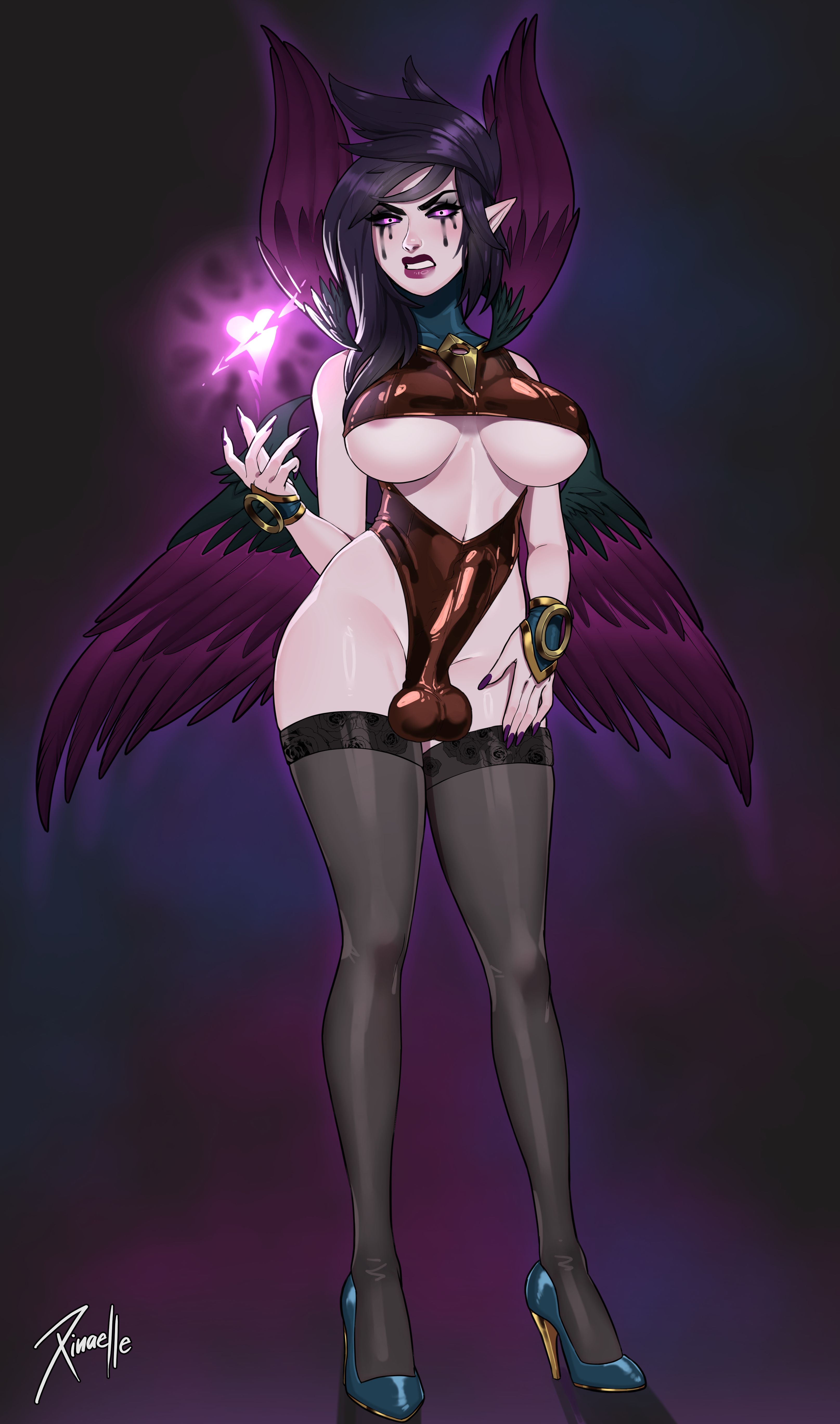 black hair, dickgirl, female, futa only, futanari, goth, goth girl, high heels, intersex, league of legends, morgana, solo, solo futa, suit, wings, xinaelle