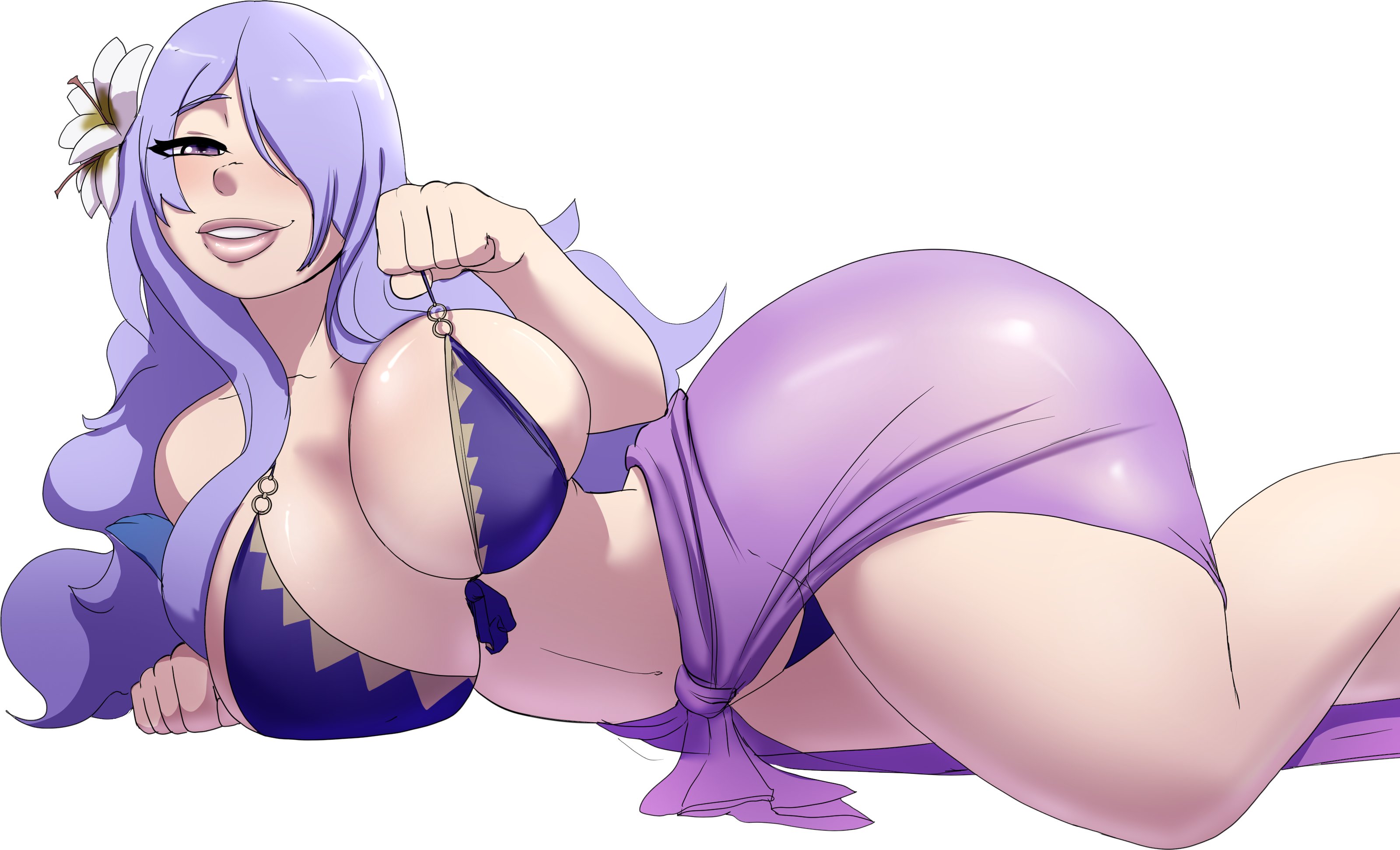 1girls, alternate costume, bikini, breasts, camilla (fire emblem), cleavage, female, fire emblem, fire emblem fates, fire emblem heroes, flower, flower in hair, hair flower, huge breasts, light skin, light-skinned female, looking at viewer, lying, lying on side, n-ronin, nintendo, official alternate costume, purple bikini, purple hair, purple swimsuit, source request, swimsuit, thick thighs