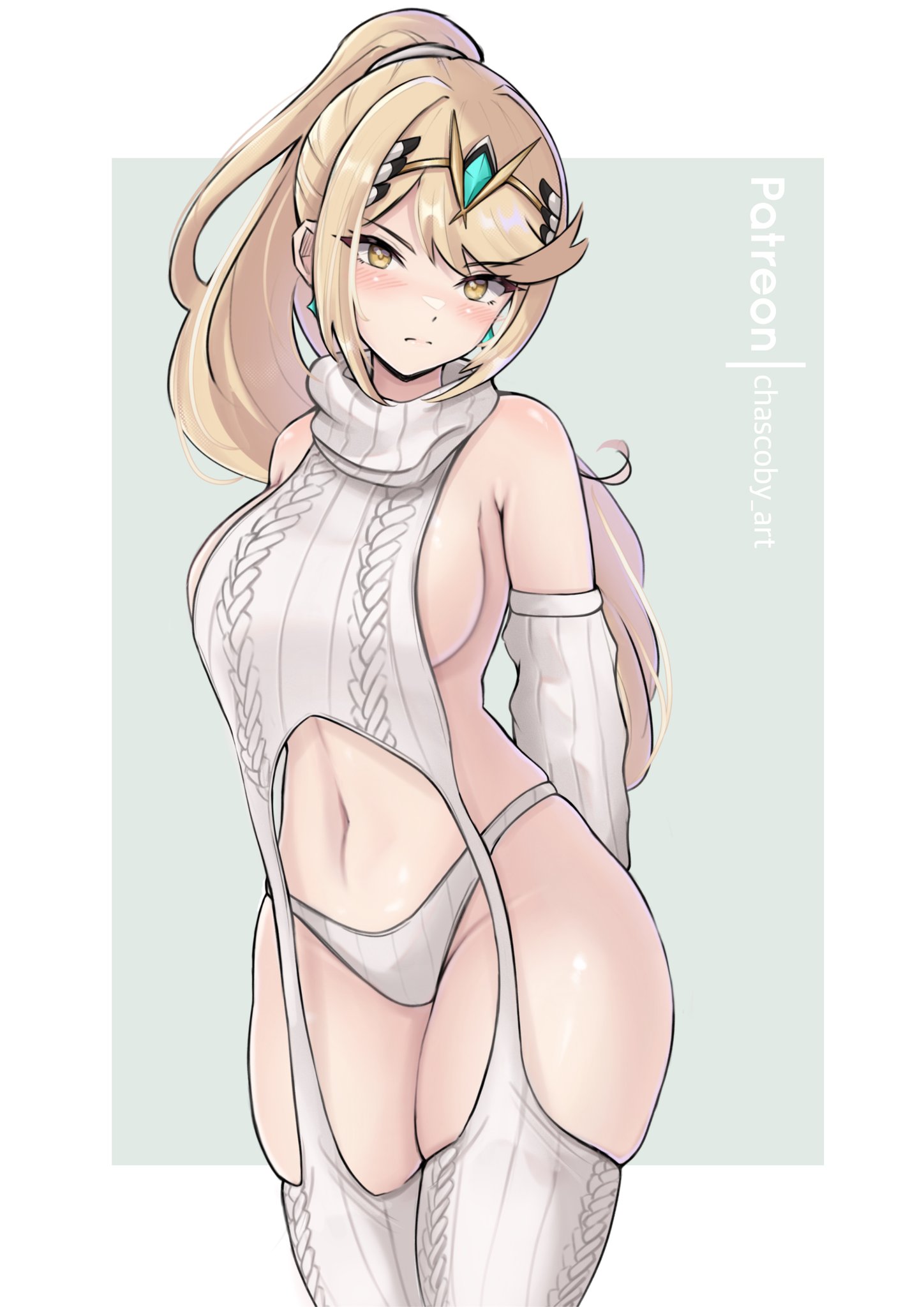 1girls, arms behind back, artist name, ass, barely clothed, blonde hair, blush, breasts, chascoby, clothes, earrings, female, female only, gold eyes, hair ornament, large ass, light skin, light-skinned female, mythra, navel, panties, patreon, patreon username, plain background, ponytail, sideboob, solo, source request, standing, tagme, underwear, virgin destroyer sweater, xenoblade (series), xenoblade chronicles 2