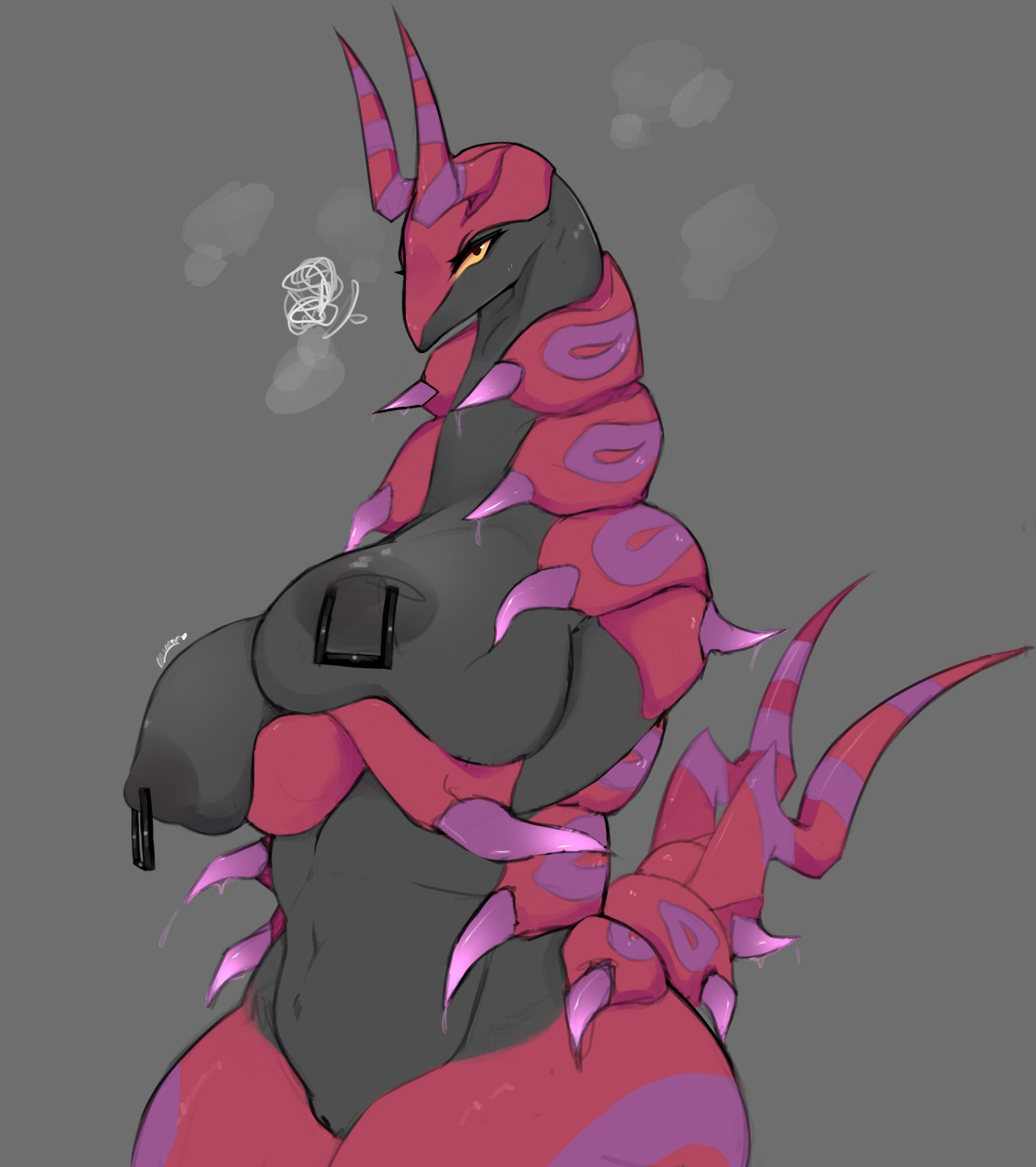 anthro, big breasts, breasts, curvy figure, female, genitals, grey background, hi res, holding breast, huge breasts, looking at viewer, lvlirror, navel, nintendo, nipple piercing, nipple ring, nipples, non-mammal breasts, orange eyes, piercing, pokémon (species), pokemon, pokemon (species), pussy, red body, red skin, scolipede, simple background, solo, thick thighs, video games, voluptuous