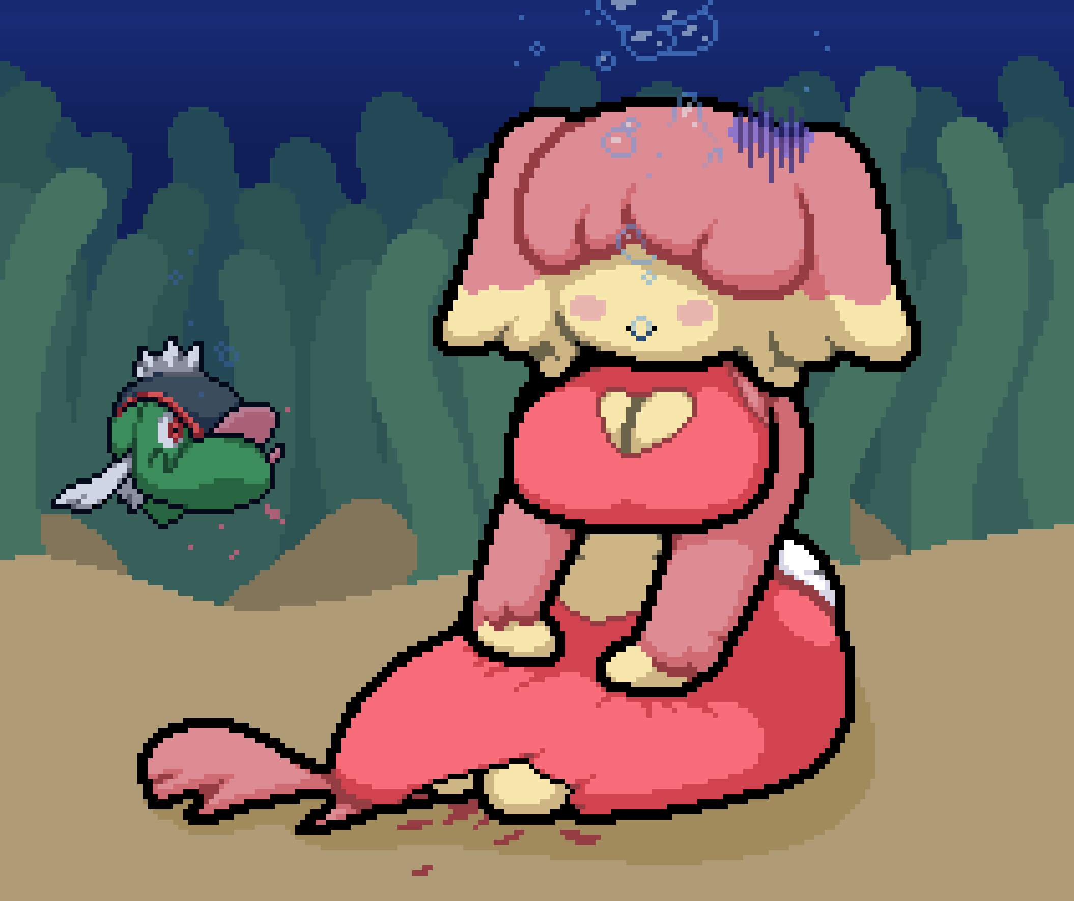 anthro asphyxiation audino basculin big_breasts bubbles drowning mermaid mermaid_tail okami_tomato pixel_art pokemon pokemon_(species) seabed underwater