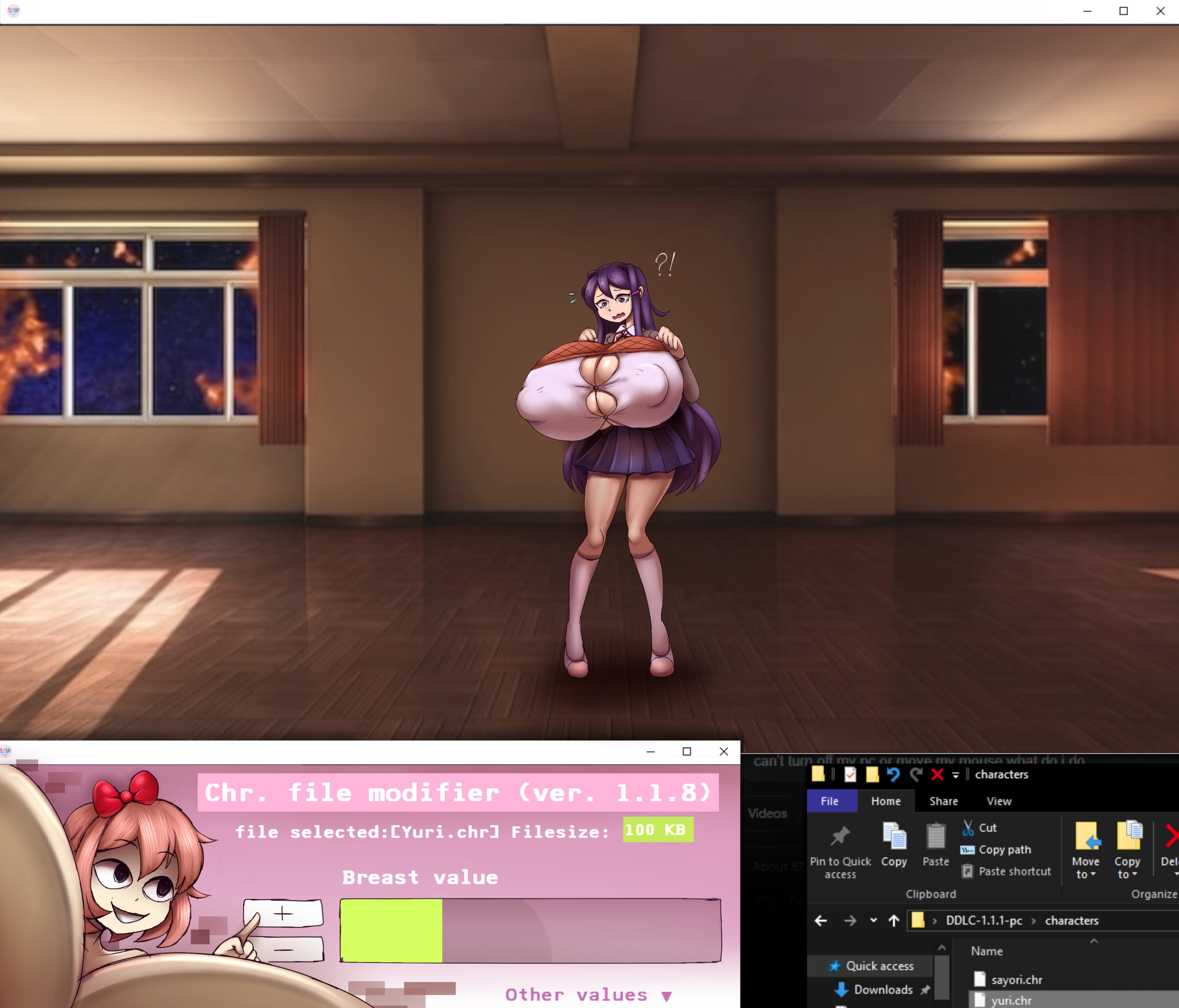 attribute slider, breast expansion, breast growth, breast growth (enlargement), breasts, doki doki literature club, expansion, female, huge breasts, hyper breasts, metachoke, nipple bulge, nipples visible through clothing, sayori (doki doki literature club), sequence, slider, yuri (doki doki literature club)