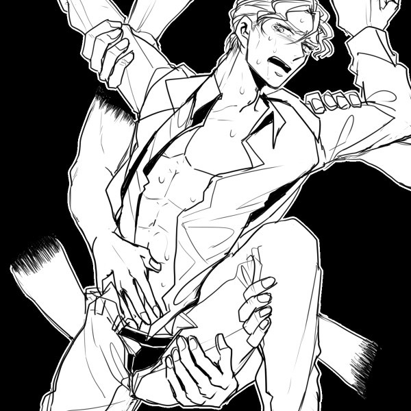 being_undressed caressing_belly disembodied_hands dubious_consent hand_fetish hands jojo's_bizarre_adventure kira_yoshikage male_focus male_only nervous_expression shirt_open shirt_undone solo_male submissive_male touching_belly tummy worried_expression yoshikage_kira