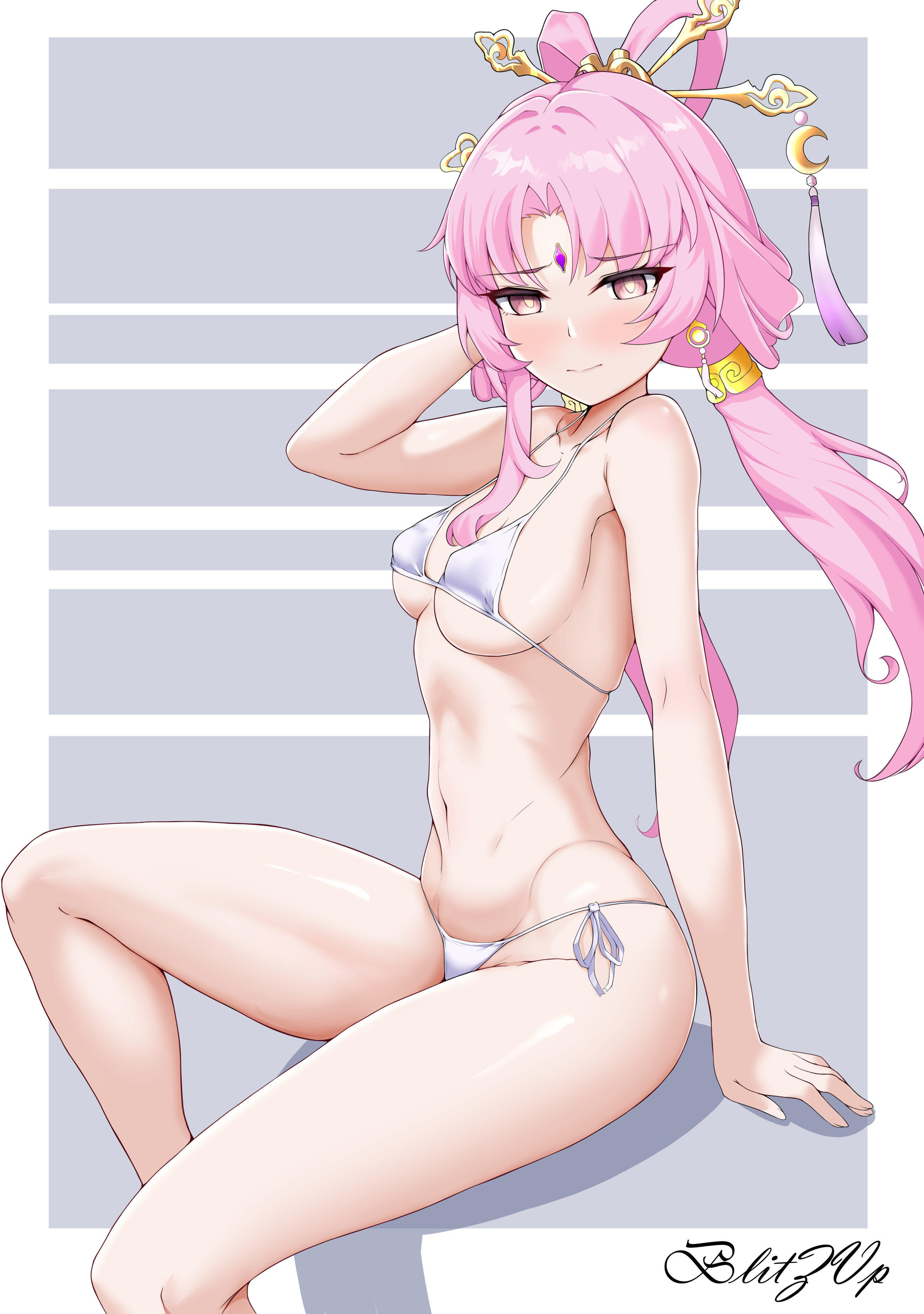 1girls, bikini, blitzvp, female, female focus, female only, fu xuan (honkai: star rail), honkai: star rail, pink hair