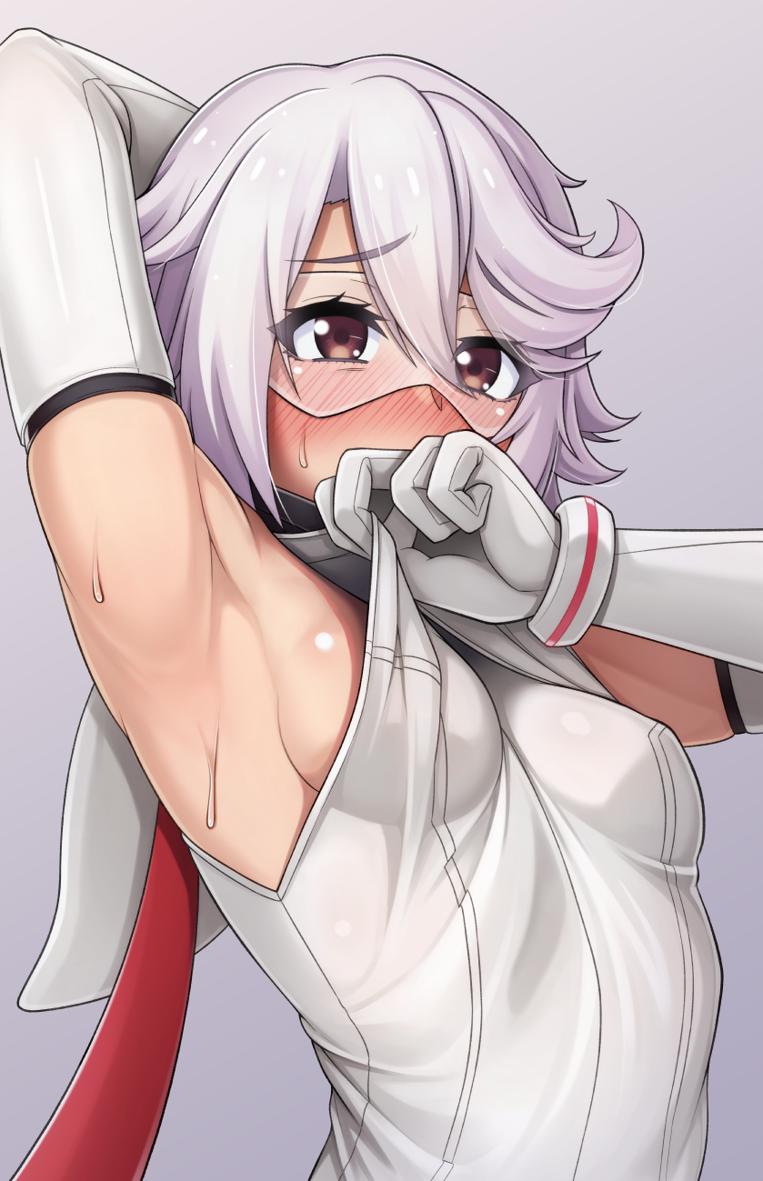 alfort_(may0508) arm_behind_head armpits blush bodysuit breasts closed_mouth elbow_gloves female gloves gradient_background grey_background hair_between_eyes highres medium_breasts petite petite_body petite_breasts petite_female presenting_armpit red_eyes short_hair shy_(character) shy_(series) solo sunglasses sweat sweatdrop tinted_eyewear upper_body white_bodysuit white_gloves white_hair