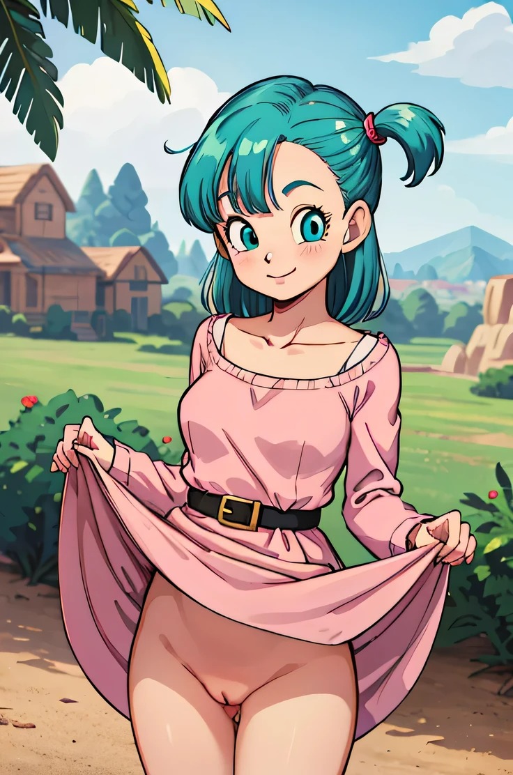 1girls, ai generated, blue hair, bulma briefs, dragon ball, dragon ball z, dress, dress lift, female, no panties, outdoors, pussy, skirt, skirt lift, solo, tagme, userisbad