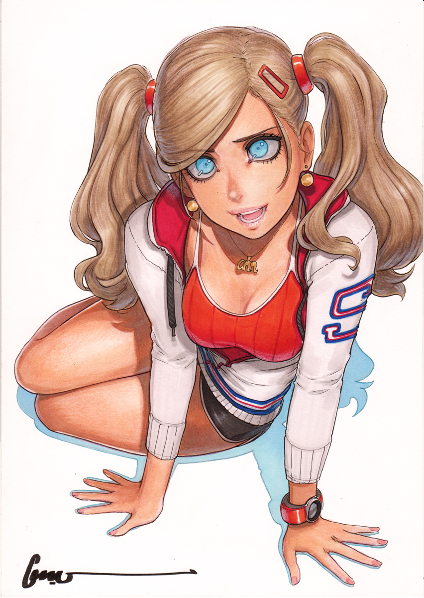 ann_takamaki big_breasts blue_eyes cleavage earrings interested omar_dogan shorts sitting twintails