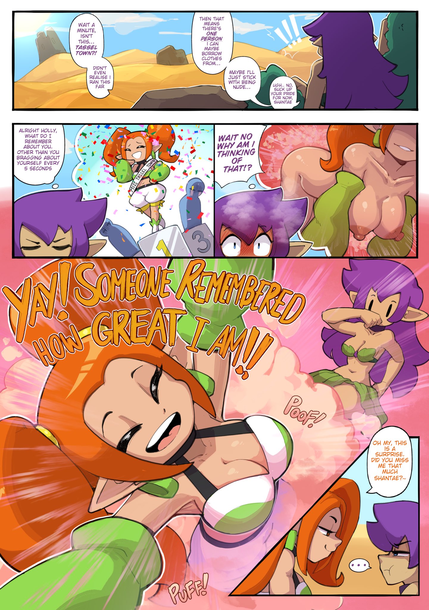 2girls, comic, female, female focus, female only, female/female, holly lingerbean, lesbian, multiple females, multiple girls, nudiedoodles, orange hair, purple hair, shantae, shantae (character), solo, solo female, voice actor connection, yuri