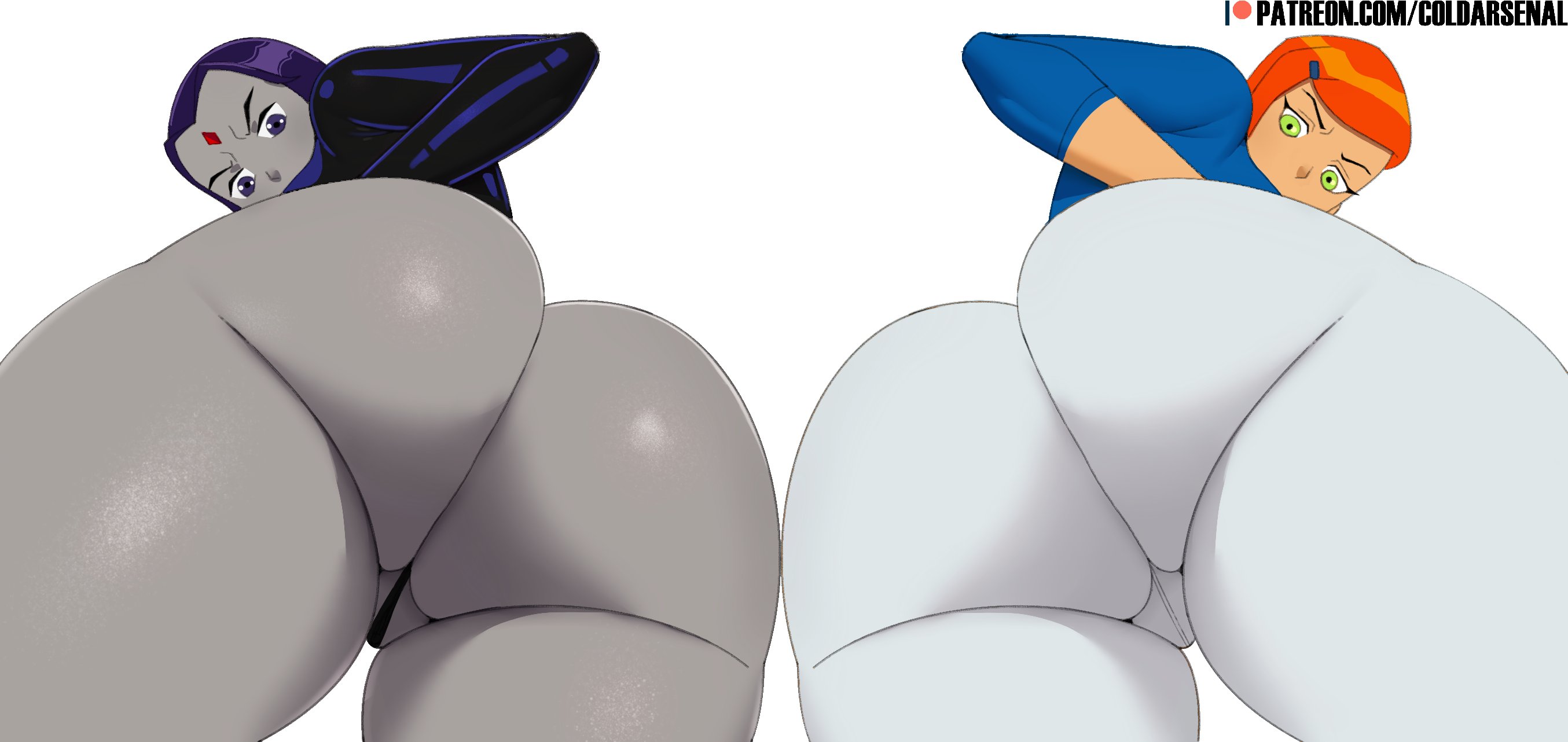 2girls, aged up, ass, ass focus, ben 10, big ass, big butt, cartoon network, coldarsenal, crossover, dc, dc comics, eye contact, female, female only, gwen tennyson, huge ass, large ass, leotard, looking at viewer, looking down, no nostrils, orange hair, rachel roth, raven, raven (dc), short hair, small nose, teen titans, thick ass, thick thighs, thighs, tight clothing, tight pants, white background, wide hips