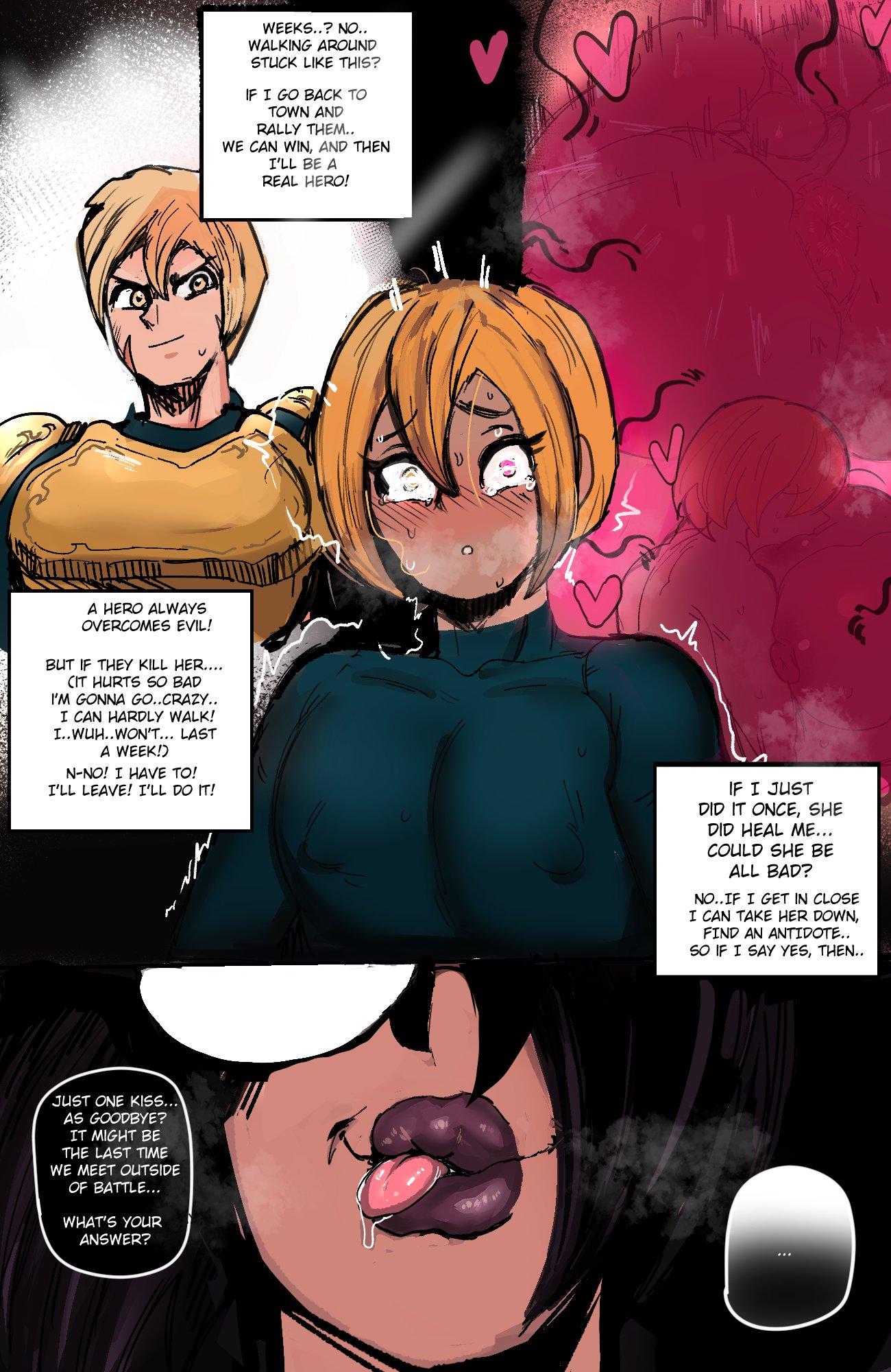 1boy, 1girls, age difference, ass, black hair, black lipstick, blonde male, breast sucking, breasts, comic, corruption, dialogue, dominant female, embo, english text, female, femdom, flashback, glasses, hair over one eye, heavy breathing, huge ass, huge breasts, licking lips, lipstick, male, mating press, nipple bulge, older dom younger sub, older female, opaque glasses, original, page 12, panels, pussy, round glasses, sex, taller female, tears, tears of desperation, text, thick thighs, thought bubble, tongue, vaginal sex, visible breath, voluptuous female, witch, younger male