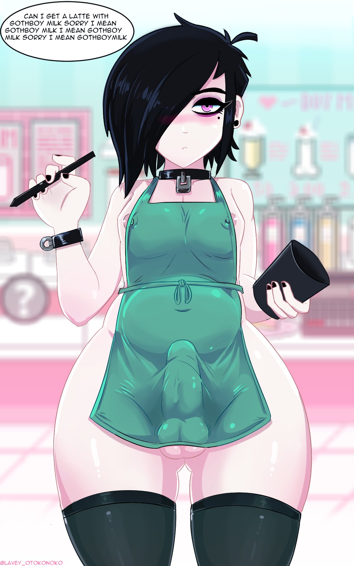 1boy 2021 apron balls barista beauty_mark black_hair black_nails blush bottomless bulge clothing collar ear_piercing eyeshadow fast_food femboy girly goth hair_over_one_eye hairless_balls iced_latte_with_breast_milk lavey lavey-otokonoko male male_only meme naked_apron neckwear nipple_bulge nipples original outerwear penis_bulge pink_eyes testicles thick_thighs thighhighs uniform wrist_cuffs wristwear