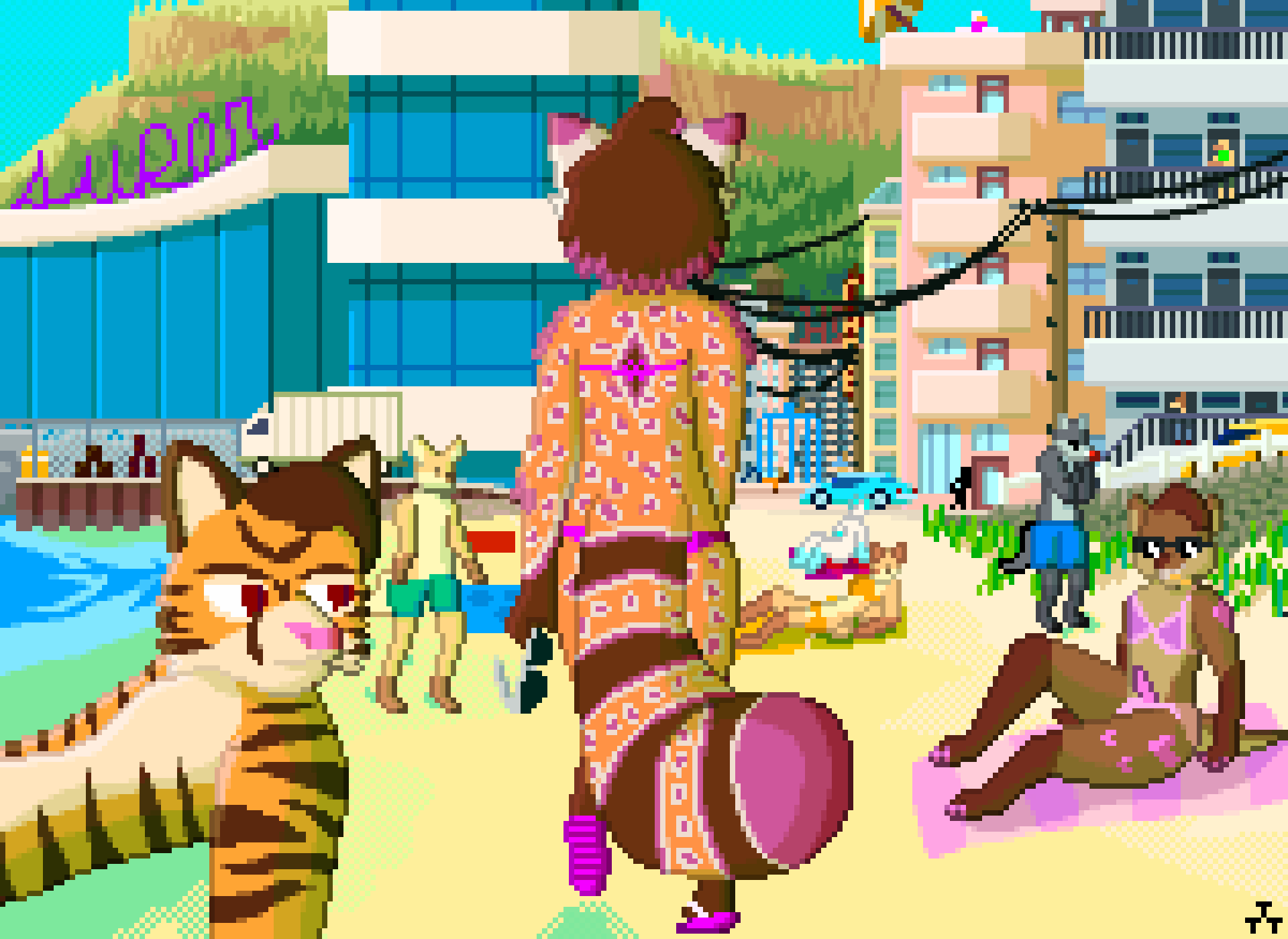 ailurid ambiguous_species anthro beach bikini clothing erection felid flippers girly hi_res hrelterskrelter male mammal mustelid otter pantherine pixel_art red_panda seaside swimwear tiger