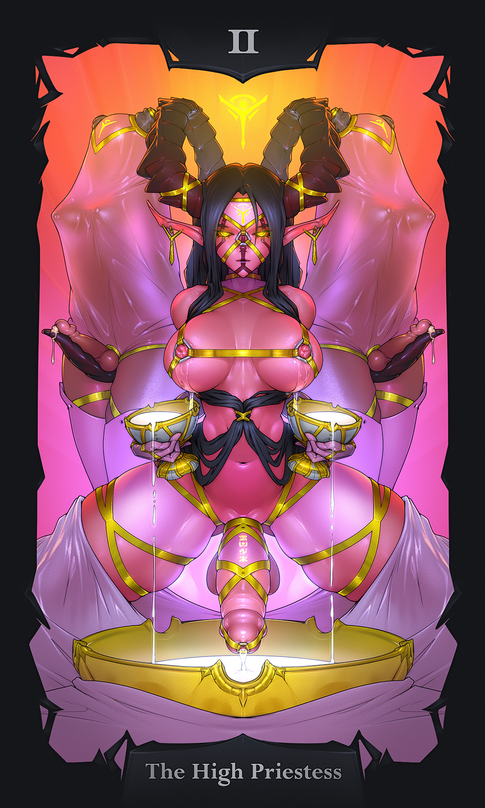 3futas areolae balls big_balls big_breasts big_penis breasts chalice clothed clothing cock_ring collecting_cum cum cum_drip cum_in_container cum_in_cup curved_horn demon demon_futa erection futa_balls futa_only futa_urethral_insertion futanari glowing_eyes horns humanoid humanoid_penis innie_belly_button kneeling long_horns nipples nude partially_clothed penis precum red-skinned_futanari red_skin ribbon robe see-through spread_legs standing tailbox tarot tarot_card tarot_deck the_high_priestess_(tarot) thick_thighs thighhighs urethra urethral urethral_insertion voluptuous voluptuous_futanari