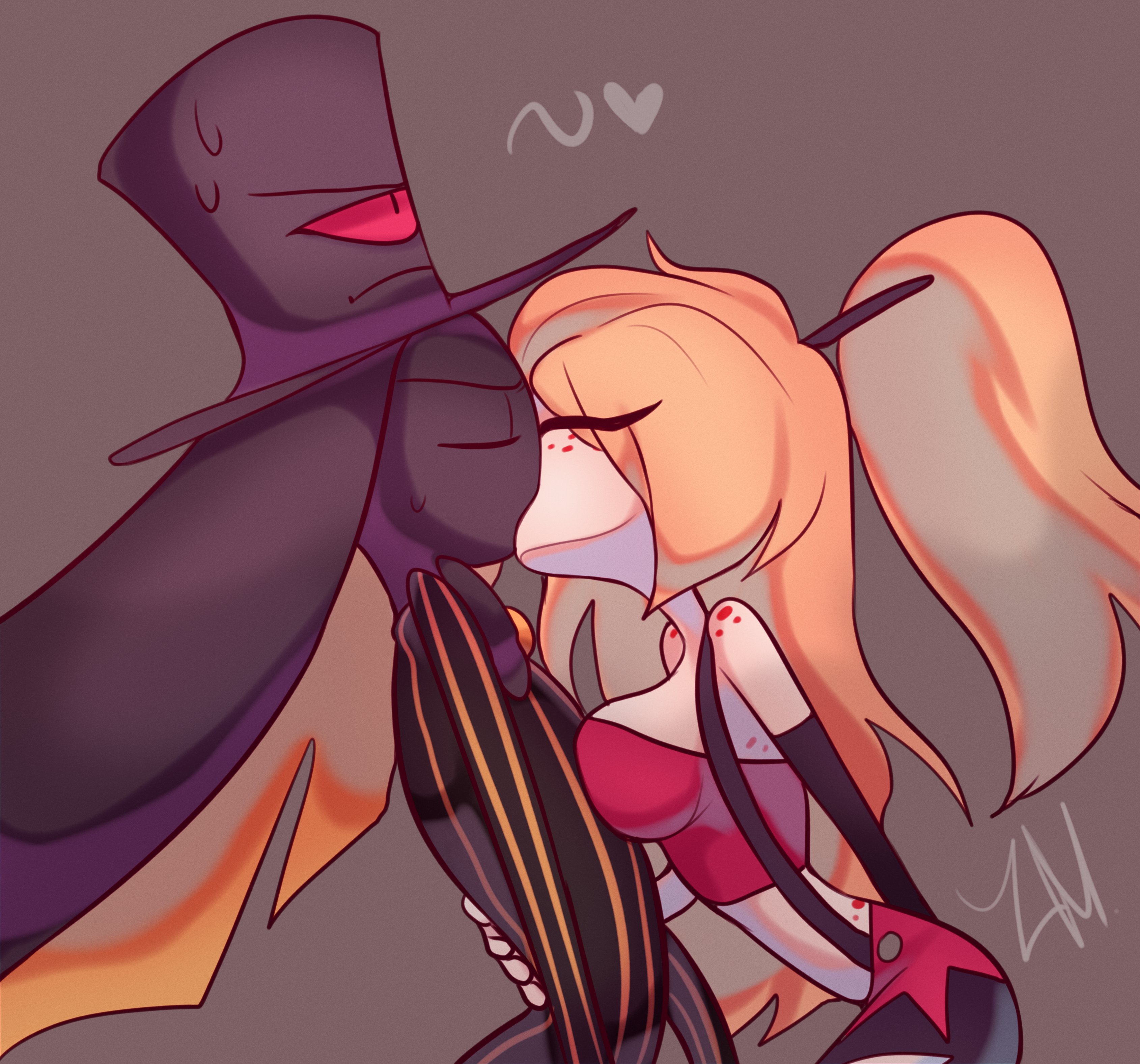 1boy, 1girls, breasts, cherri bomb (hazbin hotel), cherrisnake, closed eyes, clothing, crop top, cyclops, eyes closed, female, freckles, hat, hazbin hotel, kissing, long hair, male, midriff, simple background, sir pentious (hazbin hotel), snake, snake hood, suspenders, sweatdrop, top hat, white body, wholesome