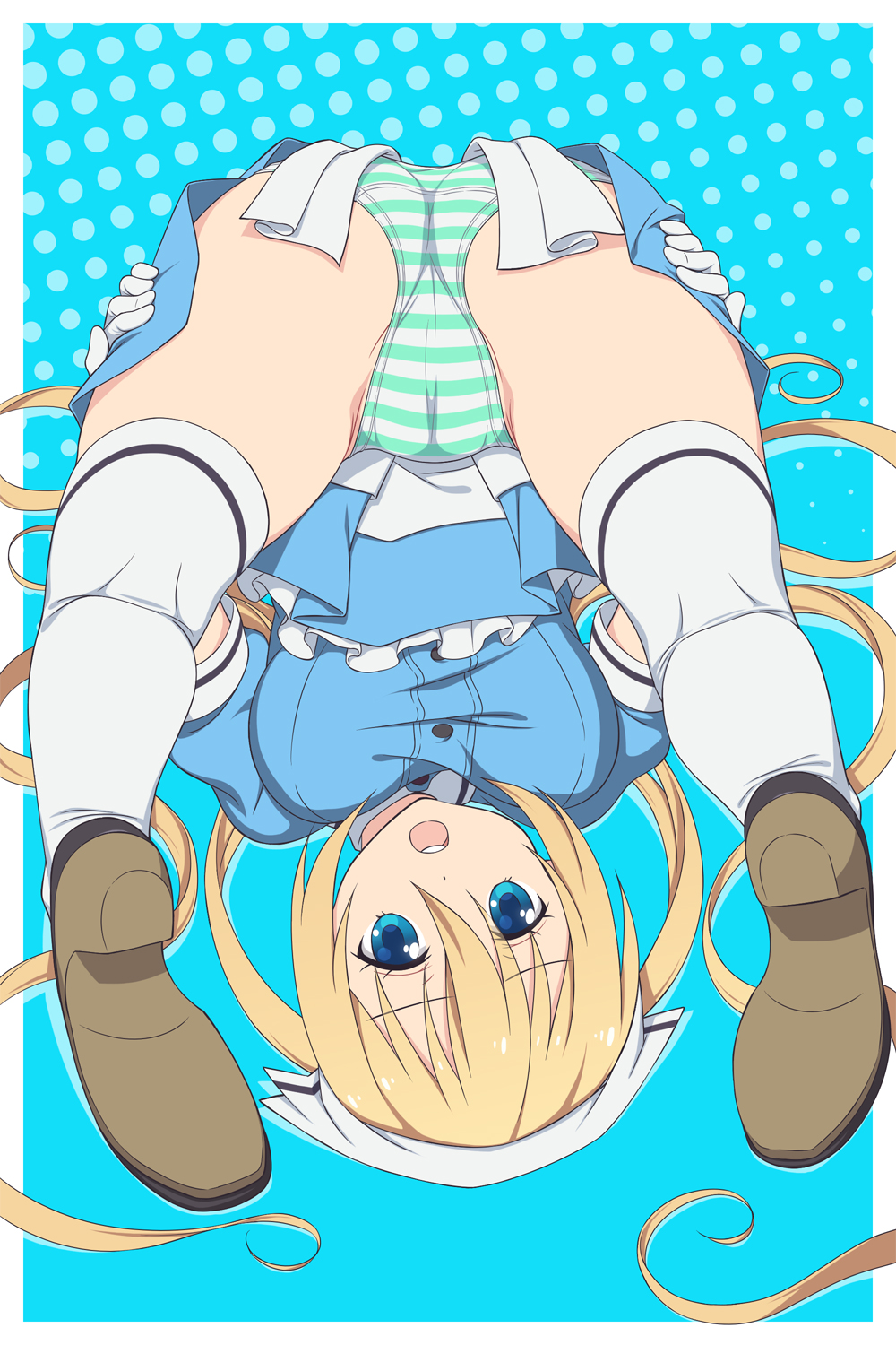 ass blend_s blonde_hair blue_eyes breasts commentary_request female folded fugetsu_taku highres hinata_kaho large_breasts long_hair panties pantyshot socks solo striped_clothes striped_panties thigh_socks thighhighs thighs underwear upside-down waitress white_socks white_thighhighs