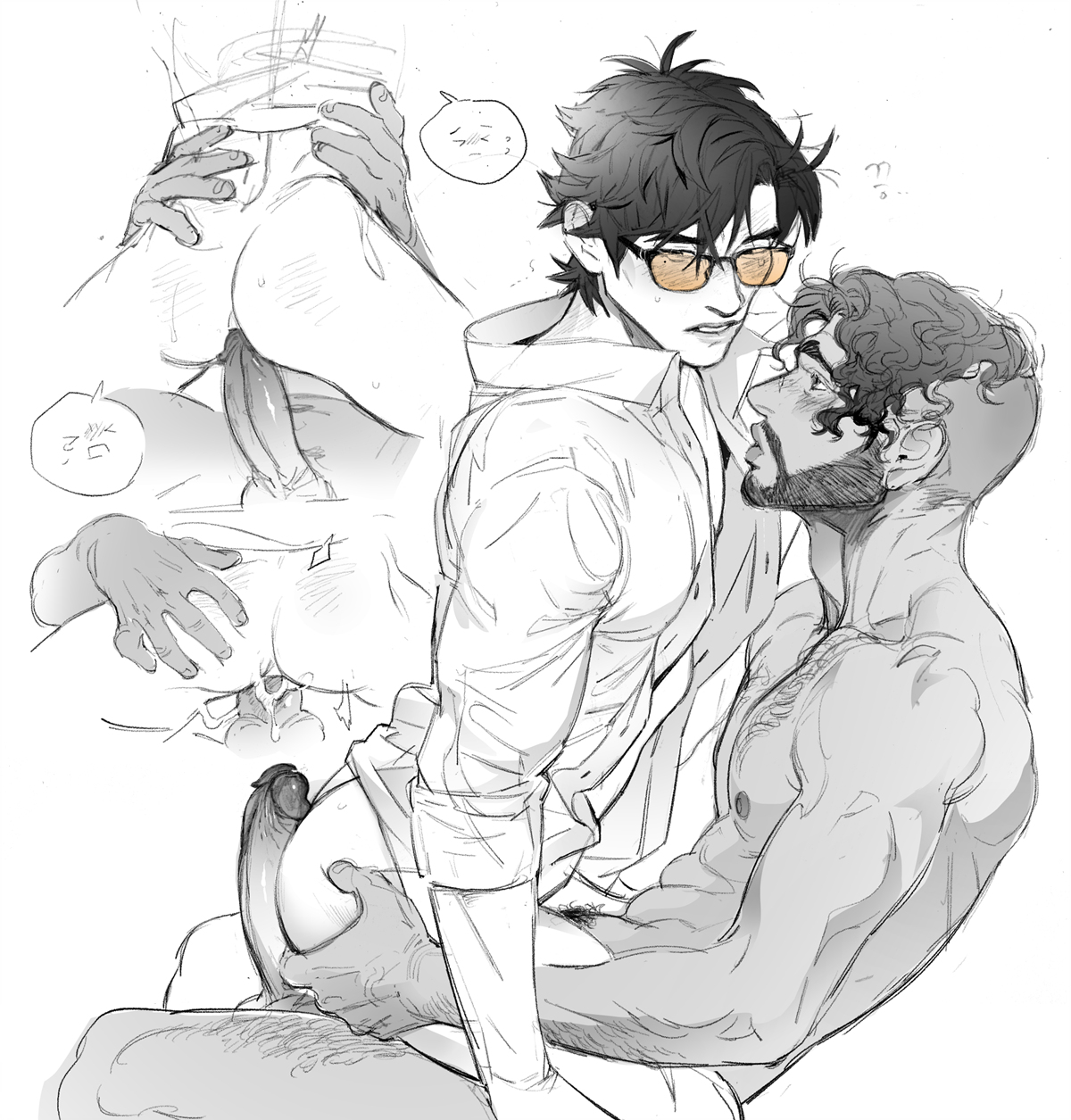 2boys, anal, anal penetration, anal sex, apex legends, ass, ass focus, ass grab, balls, big penis, blushing, body hair, bottomless, bottomless male, cowboy position, cowgirl position, crypto (apex legends), cum, cum in ass, cum inside, cumming, cumshot, curly hair, dark skin, dark-skinned male, duo, ejaculation, facial hair, female, gay, gay sex, genital fluids, genitals, glasses, hair, hairy, hairy chest, hairy male, holding hips, human, imminent anal, interracial, male, male only, male penetrated, male penetrating, male/male, mammal, medium hair, mirage (apex legends), monochrome, mostly nude, muscular, muscular male, nervous, penetration, penis, pubic hair, questionable anatomy, riding, riding penis, sex, shirt only, shirt open, short hair, sitting, sitting down, sitting on penis, sweat, sweatdrop, video game character, yaoi