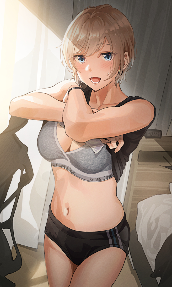 :d bare_arms bed bedroom black_buruma black_shirt blonde_hair blue_eyes blush bra brand_name_imitation breasts buruma calvin_klein chair cleavage clock clothes_lift clothes_on_bed collarbone crossed_arms curtains digital_clock earrings female gal_girlfriend_(tipii) grey_bra highres indoors jewelry lifted_by_self light_brown_hair looking_at_viewer lower_teeth_only medium_breasts navel office_chair open_mouth original shirt shirt_lift short_hair sleeveless sleeveless_shirt smile solo striped_buruma striped_clothes sweatdrop swivel_chair teeth tipii underwear undressing watch