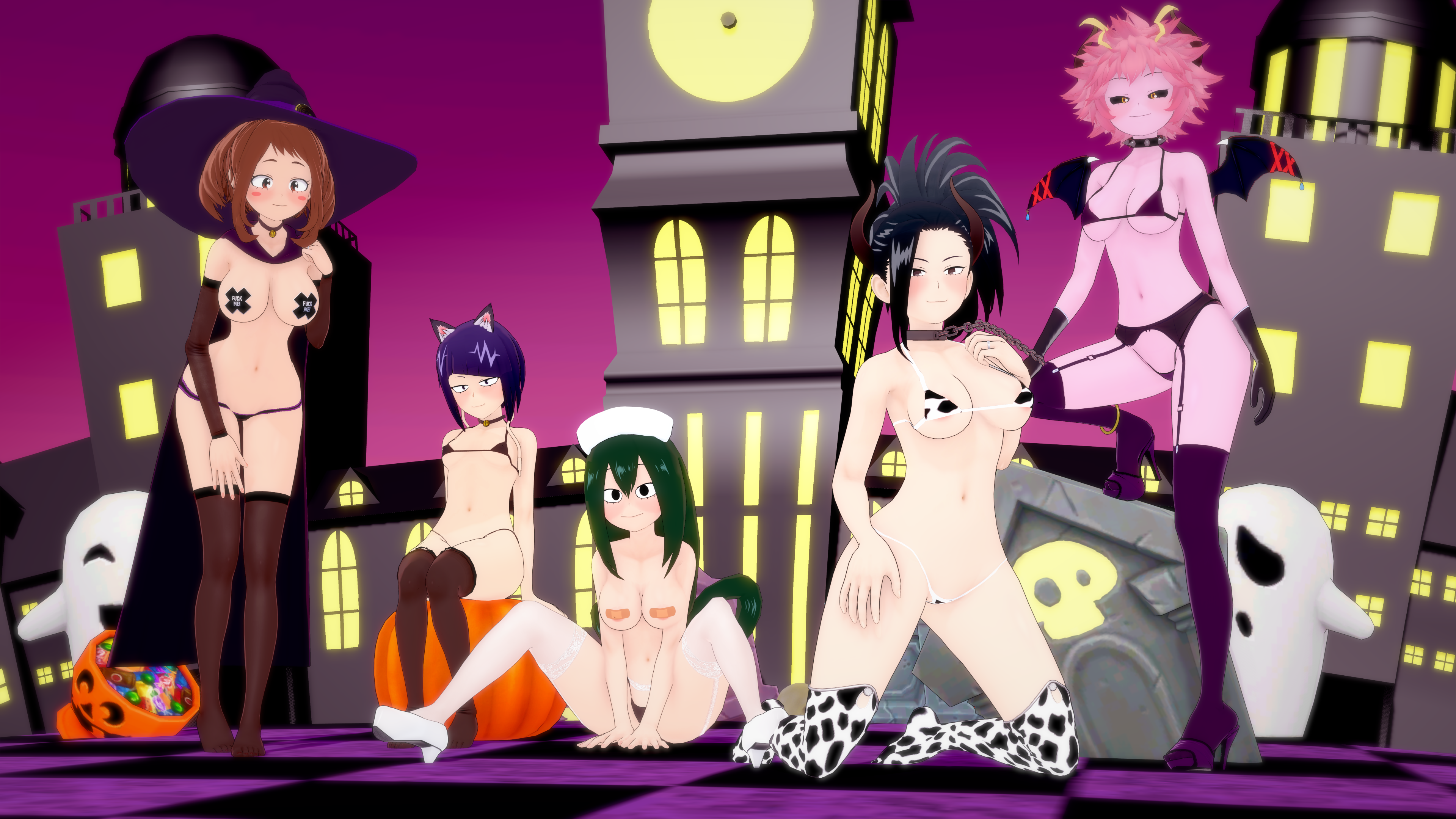 3d, 5girls, black hair, black-haired female, brown hair, brown-haired female, cat ears, female, female only, green hair, green-haired female, halloween, horns, kyoka jiro, mina ashido, mommasspaghetti, momo yaoyorozu, multiple females, multiple girls, my hero academia, nonude, nurse, ochako uraraka, pink hair, pink-haired female, purple hair, purple-haired female, tsuyu asui, witch hat