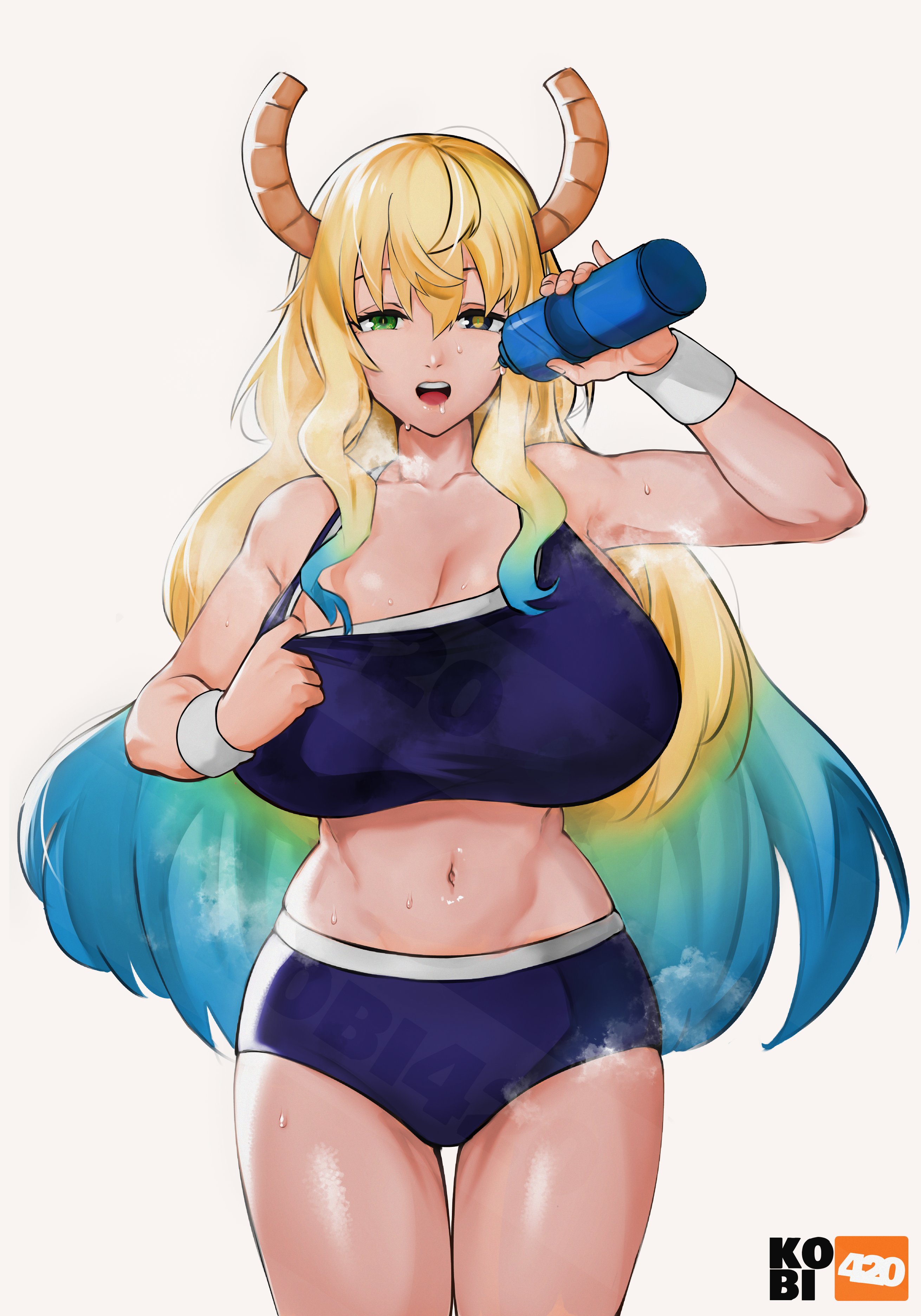 :o, 1girls, 2021, absurdres, airing out, alternate costume, artist name, big breasts, black eyes, blonde hair, blue hair, booty shorts, bottle, breasts, breath, buruma, dragon girl, dragon horns, dragon humanoid, exercise, female, green eyes, green hair, heavy breathing, heterochromia, highres, horns, huge breasts, kobayashi-san chi no maidragon, kobi420, long hair, looking at viewer, miss kobayashi's dragon maid, multicolored hair, navel, open mouth, quetzalcoatl (dragon maid), signature, smiling, sports bikini, sports bra, sportswear, steam, steaming body, sweat, sweatdrop, teeth, tongue, upper teeth, water bottle, watermark, white background, white skin