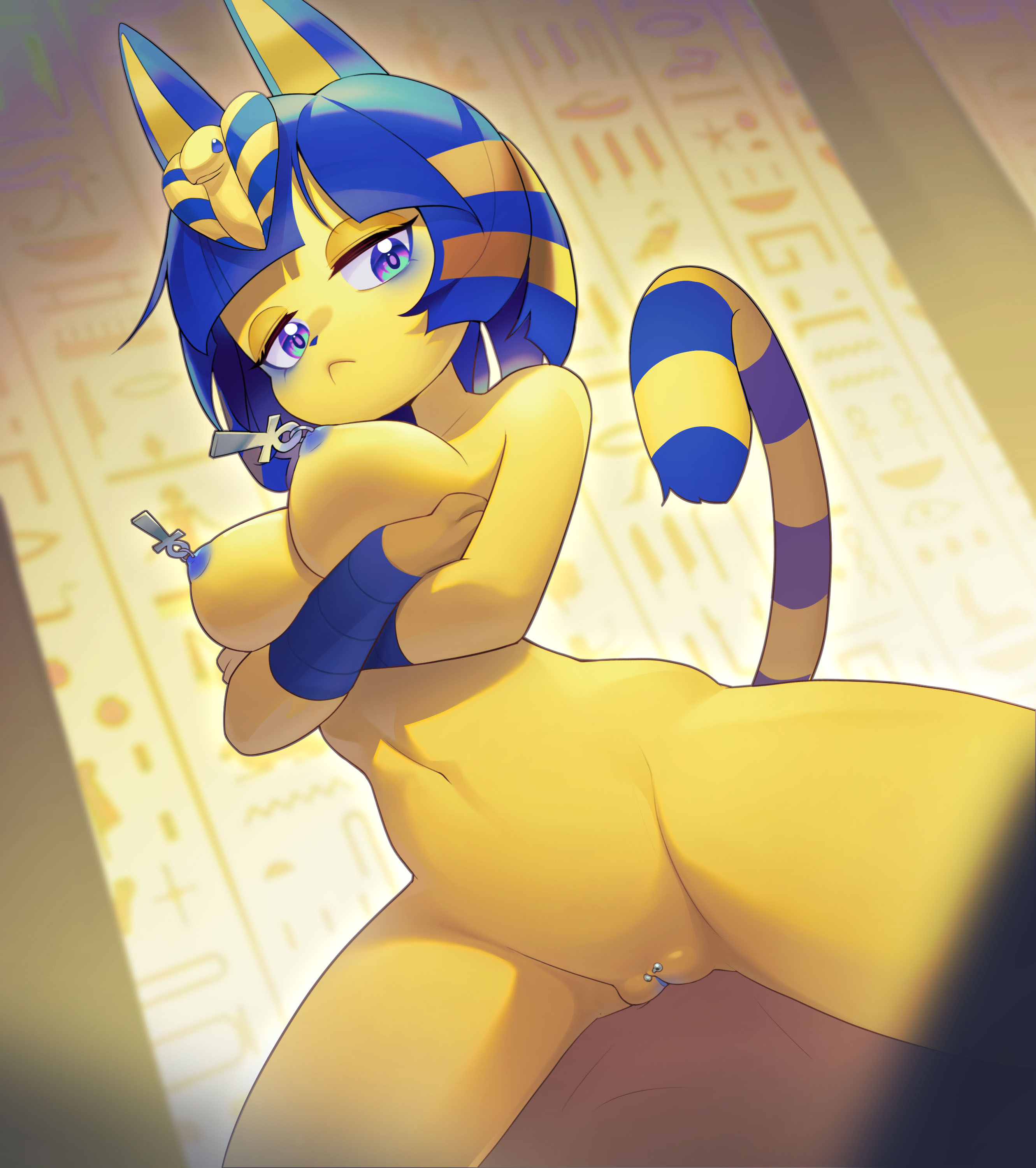 absurd res, animal crossing, ankha, ankha ride (minus8), blue eyes, blue hair, blue nipples, boobs, breasts, cat ears, cat girl, cat tail, cattle, clitoris, cowgirl position, dark skin, dark-skinned male, felid, feline, felis, female, fur, furry, hi res, male, medium breasts, naked, nintendo, nipples, nude, pierced clitoris, pierced nipples, pussy, ringed tail, short hair, tail, vagina, vaginal, vaginal penetration, vaginal sex, yellow body, yellow fur, yellow skin