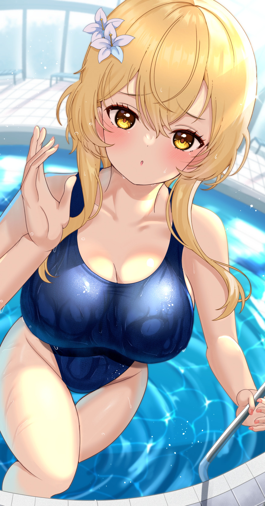 1girls, big breasts, blonde hair, blush, breasts, female, genshin impact, iwaoba, lumine (genshin impact), school swimsuit, schoolgirl, swimsuit, thick thighs, thighs, wet, yellow eyes