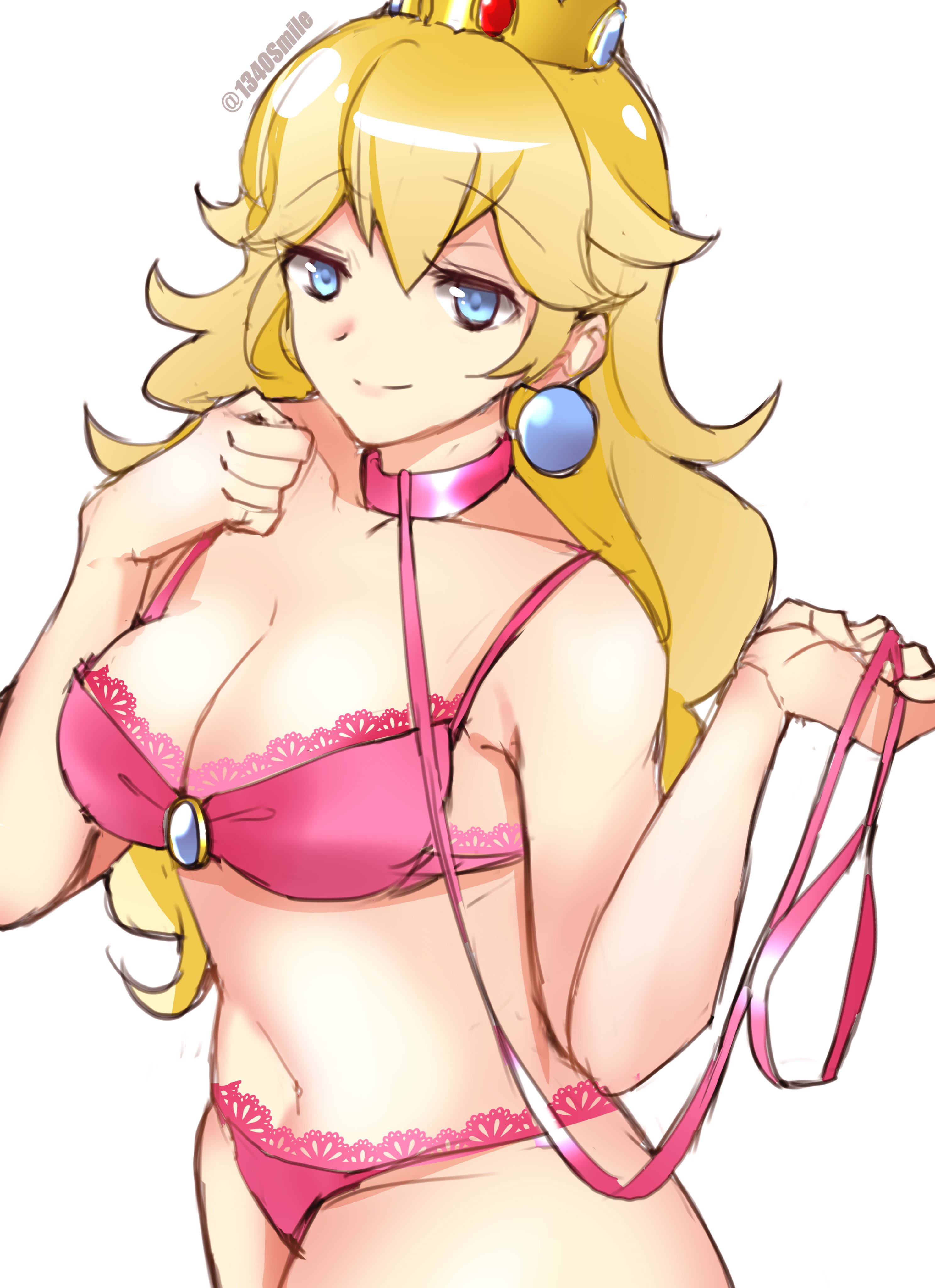 1340smile, alternate costume, blonde hair, breasts, collar, crown, enslaved royal, female, femsub, happy sub, leash, mario (series), nintendo, princess, princess peach, sex slave, slave, slave girl, solo, tagme, underwear, white background