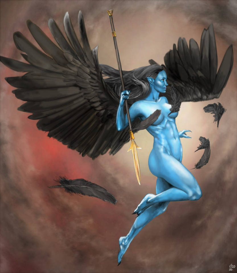 1girls abs angelic bare_arms bare_breasts bare_legs bare_midriff bare_shoulders bare_thighs barefoot black_hair blue_body blue_skin clever_censor completely_naked completely_nude completely_nude_female feathered_wings feathers female female_focus female_only flapping_wings flying jlazarus legacy_of_kain long_hair midriff monster_girl naked naked_female nude nude_female original_character plain_background pointy_ears simple_background soul_reaver spear three_fingers toned toned_female two_toes vampire weapon yellow_eyes