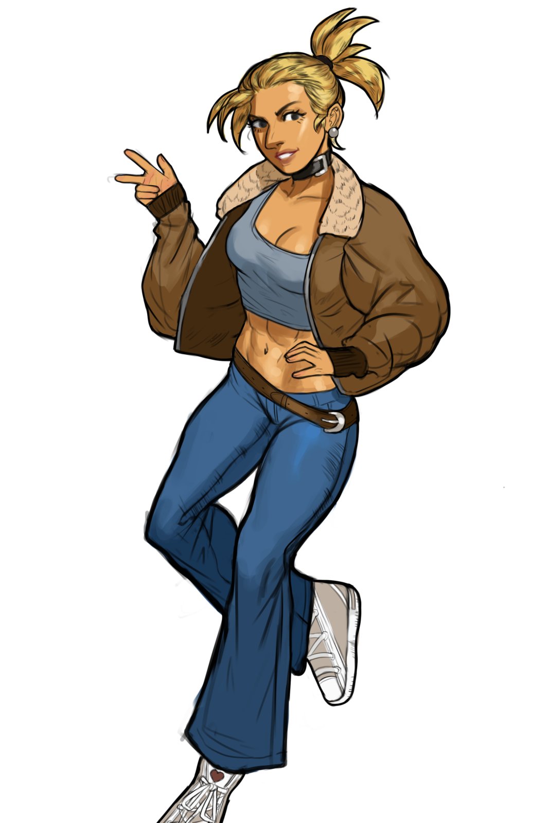 aquiline_nose bellbottoms belt big_nose blonde_hair bomber_jacket borrowed_character breasts choker clothed crop_top dark-skinned_female dark_skin denim earrings fit_body jeans loose_belt lyren_(hivebastard) medium_breasts midriff navel original prominent_nose rhydwyn smile smirk sneakers streetwear