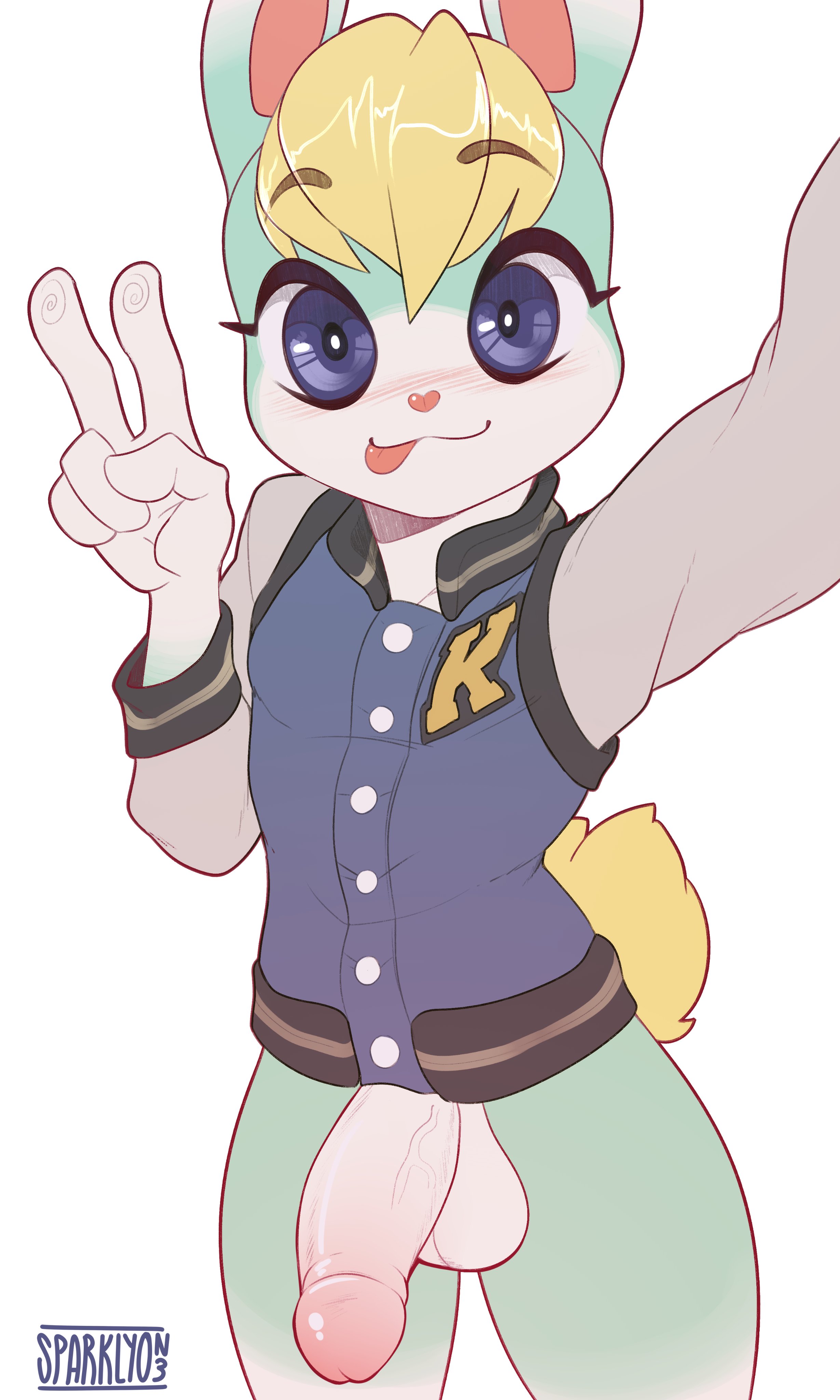 2021, 5 fingers, absurd res, animal crossing, anthro, balls, blonde hair, blue eyes, blush, bottomless, clothed, clothing, digital media (artwork), eyebrow through hair, eyebrows, femboy, fingers, genitals, gesture, girly, hair, hi res, humanoid genitalia, humanoid penis, jacket, jacket only, lagomorph, leporid, letterman jacket, looking at viewer, male, mammal, nintendo, penis, rabbit, sasha (animal crossing), scut tail, selfie, short tail, signature, simple background, smile, solo, sparklyon3, tail, tongue, tongue out, topwear, topwear only, translucent, translucent hair, v sign, video games, white background