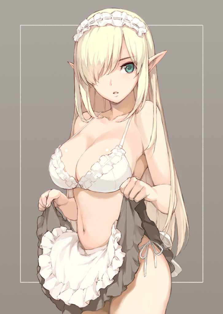 big breasts, blonde hair, bra, breasts, cleavage, elf, elf ears, female, female only, frilled skirt, frills, green eyes, hair over one eye, looking at viewer, maid, maid headdress, morisawa haruyuki, original, pointy ears, side-tie panties, skirt lift, solo, white bra