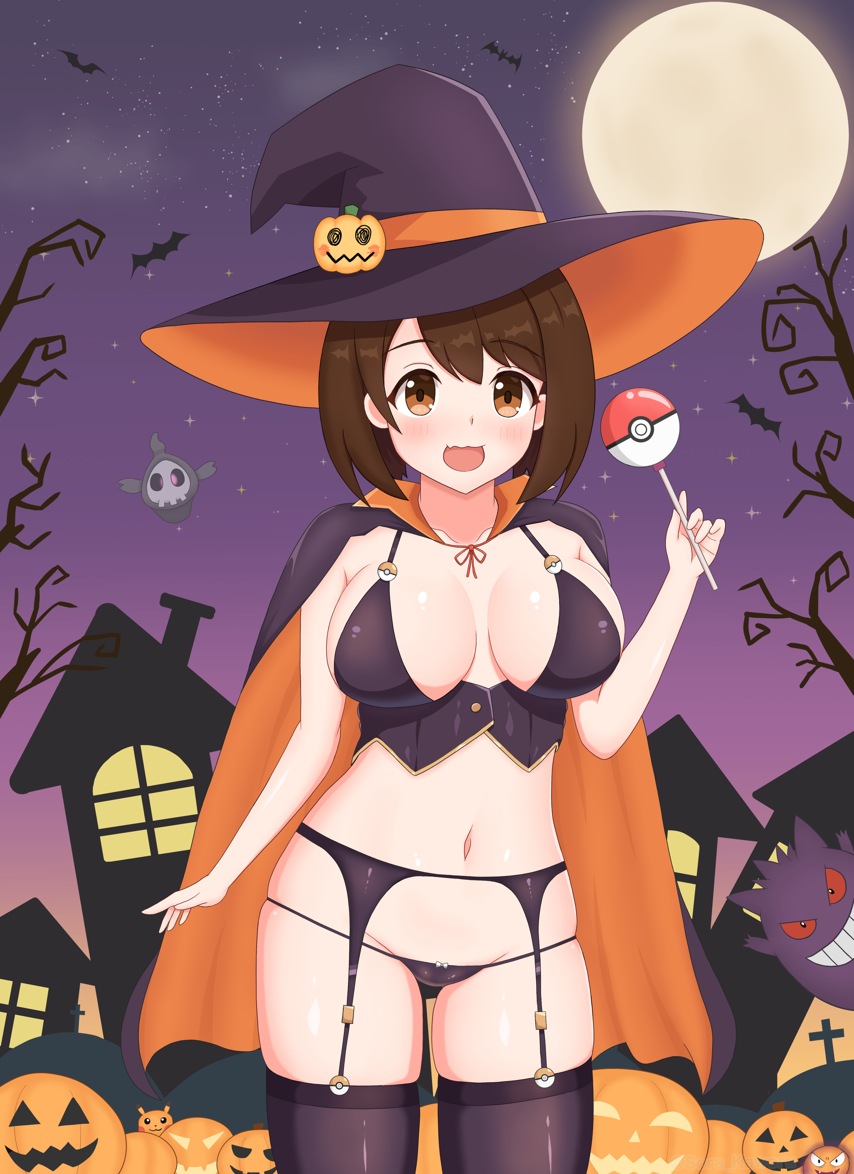 1girls, big breasts, breasts, brown eyes, brown hair, eyeshadow, female, gloria (pokemon), halloween, hat, looking at viewer, nintendo, pokemon, pokemon ss, short hair, solo, sora kaworu, standing, thick thighs, thighhighs, thighs, thong, witch hat