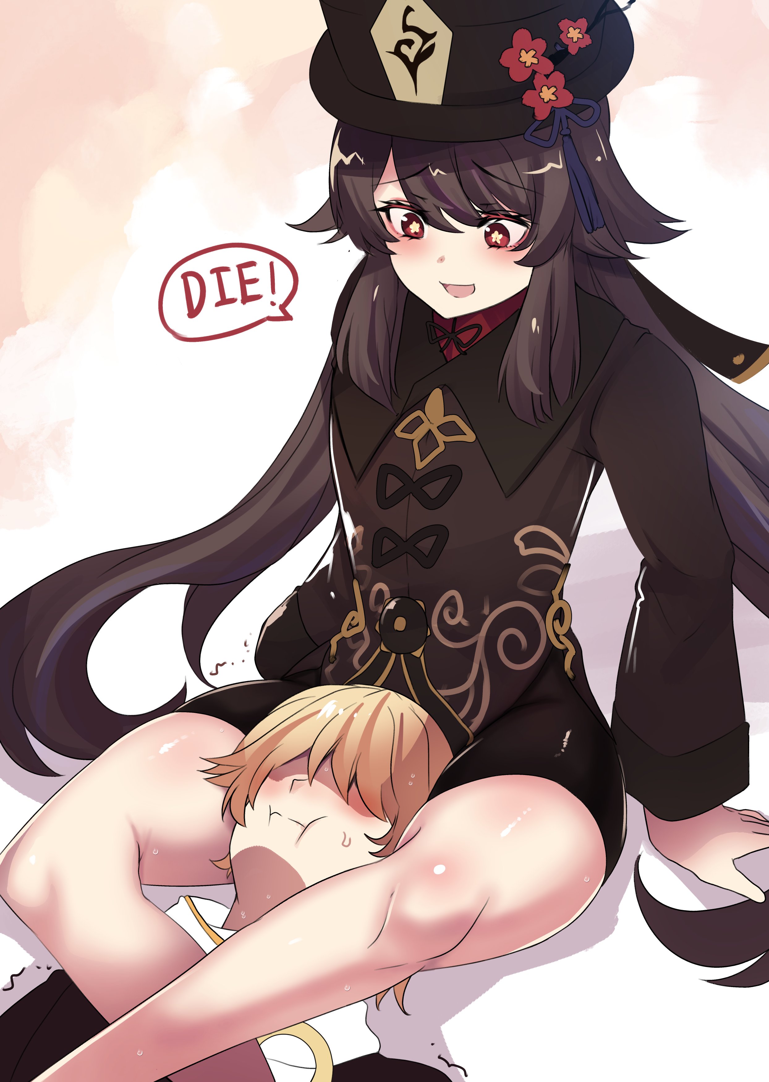 :d, 1boy, 1girls, 2021, absurd res, aether (genshin impact), asphyxiation, black clothing, blonde hair, blush, breasts, brown hair, cheek bulge, chinese clothes, clothed, clothing, death by snoo snoo, eyebrows visible through hair, faceless male, female, femdom, flower, genshin impact, hat, head between thighs, headscissor, highres, hinghoi, hu tao (genshin impact), long hair, looking at another, male, malesub, open mouth, pink background, red eyes, scarf, short shorts, shorts, sitting, skindentation, small breasts, smile, speech bubble, star, star-shaped pupils, sweat, sweatdrop, text, thick thighs, thighs, tongue, trembling, very long hair, wide sleeves