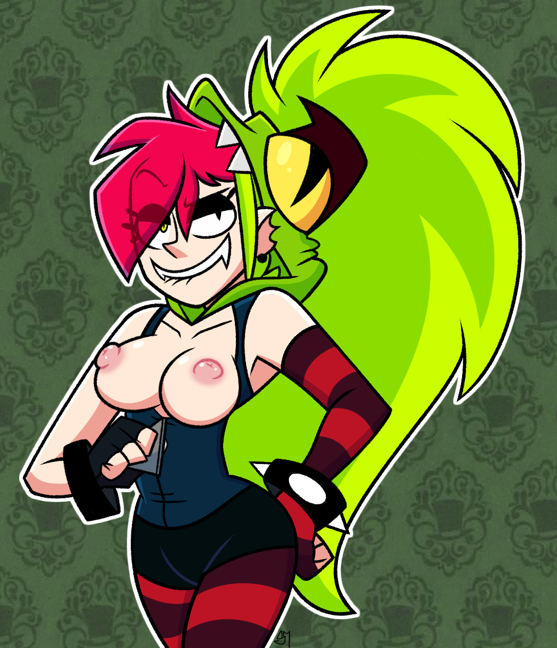 1girls, 2021, 2d, areola, biting lip, breasts, breasts out, cartoon network, clothing, demencia (villainous), ear piercing, fangs, female, fingerless gloves, green background, green eyes, green hair, heterochromia, hi res, long hair, looking at viewer, multicolored hair, nipples, ponytail, red highlights, semidraws, smile, sole female, solo, villain, villainous, white skin