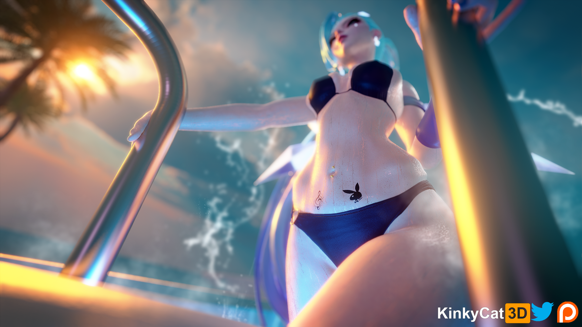 1girls, 3d, alternate costume, aqua hair, asian, bikini, blue eyes, blue hair, cute, cyan eyes, cyan hair, eyelashes, female, female only, k/da all out seraphine, k/da all out series, k/da series, kinkykatt3d, league of legends, light skin, light-skinned female, long hair, long ponytail, nude, pale skin, pale-skinned female, petite, pink eyeshadow, pink lipstick, pinup, playboy bunny, ponytail, pool, poolside, riot games, seductive eyes, seductive look, seraphine (league of legends), solo, tattoo, teenager, viewed from below