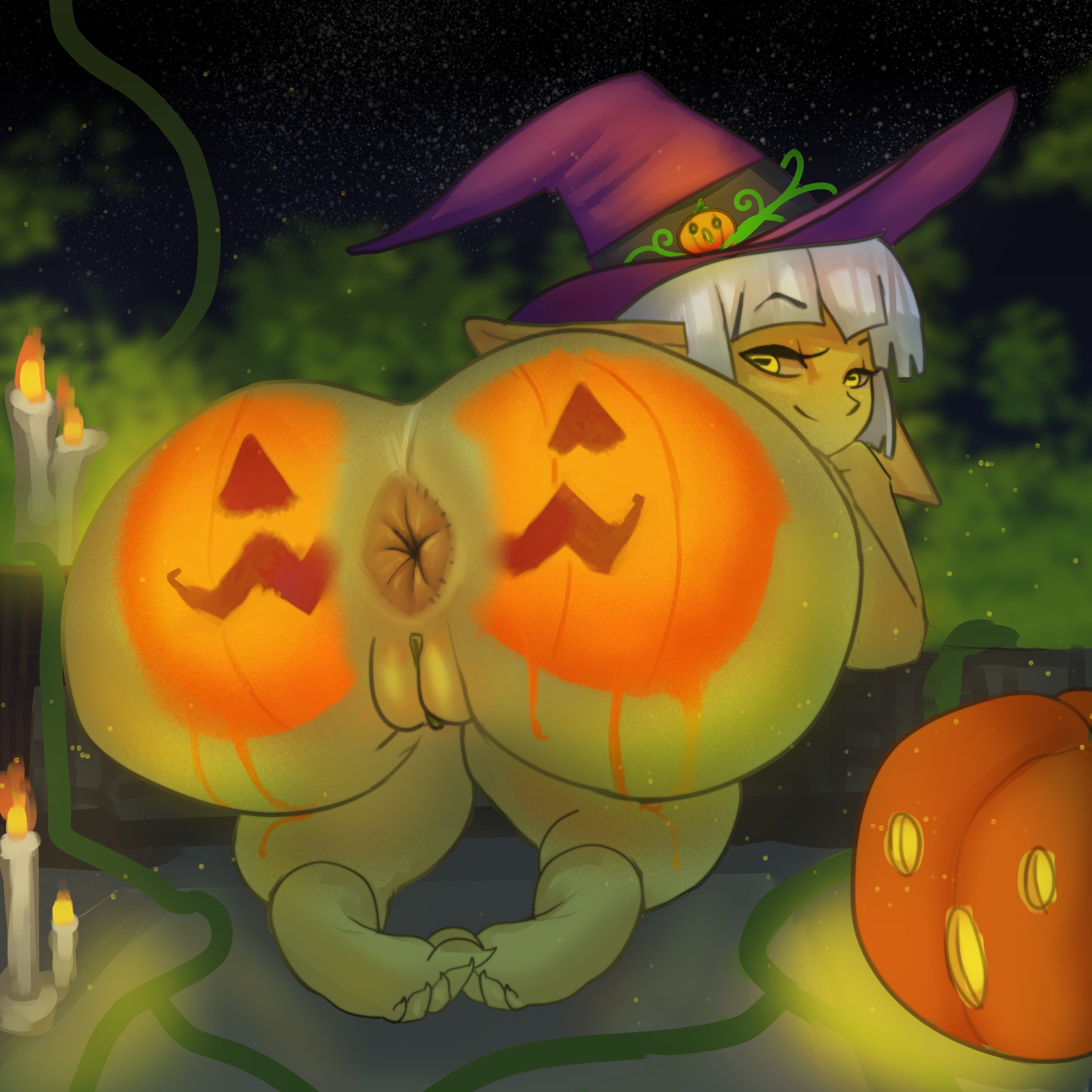 anus, ass, asshole, big ass, bob (dddoodles), body paint, candles, dddoodles, female, goblin, goblin female, huge ass, jack-o'-lantern, looking at viewer, looking back, original, original character, paint, presenting anus, presenting hindquarters, pumpkin butt, pussy, shortstack, showing ass, showing off, smiling, smiling at viewer, witch hat