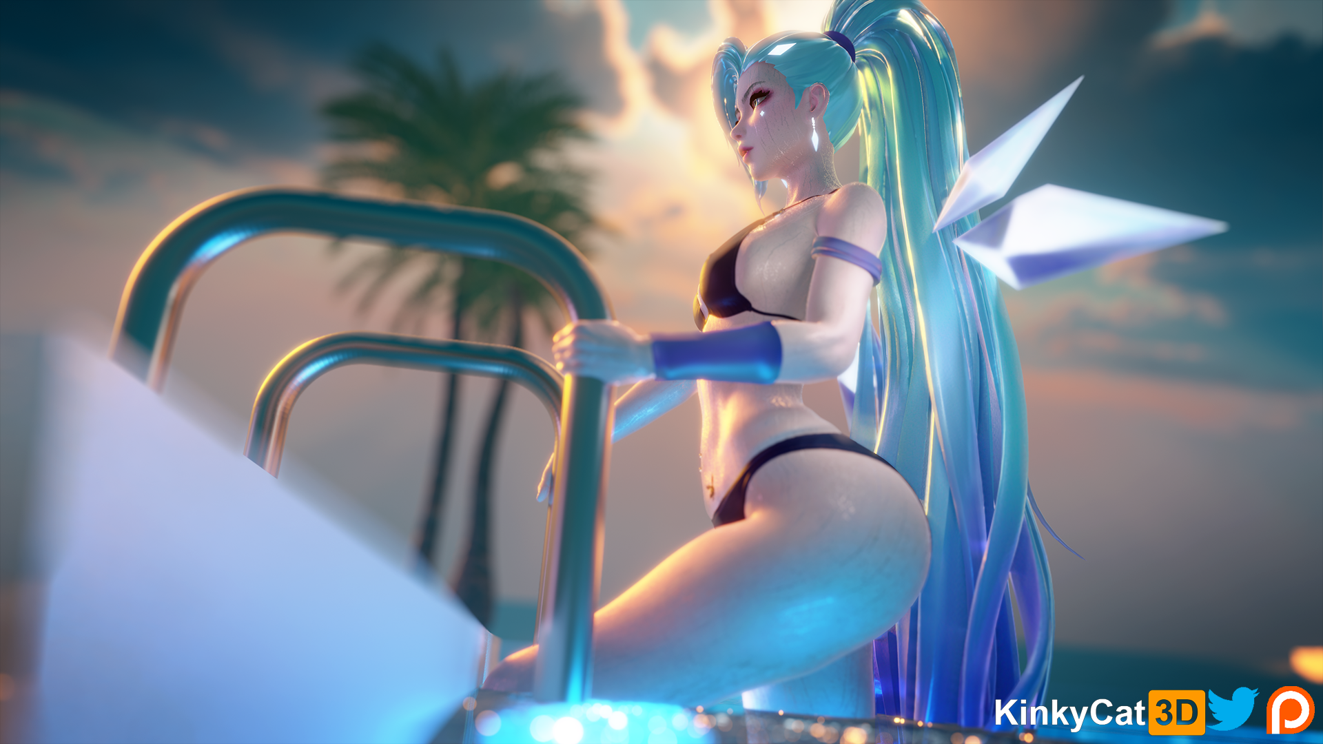 1girls, 3d, alternate costume, aqua hair, asian, bikini, blue eyes, blue hair, cute, cyan eyes, cyan hair, eyelashes, female, female only, k/da all out seraphine, k/da all out series, k/da series, kinkykatt3d, league of legends, light skin, light-skinned female, long hair, long ponytail, nude, pale skin, pale-skinned female, petite, pink eyeshadow, pink lipstick, pinup, ponytail, pool, poolside, riot games, seductive eyes, seductive look, seraphine (league of legends), solo, teenager